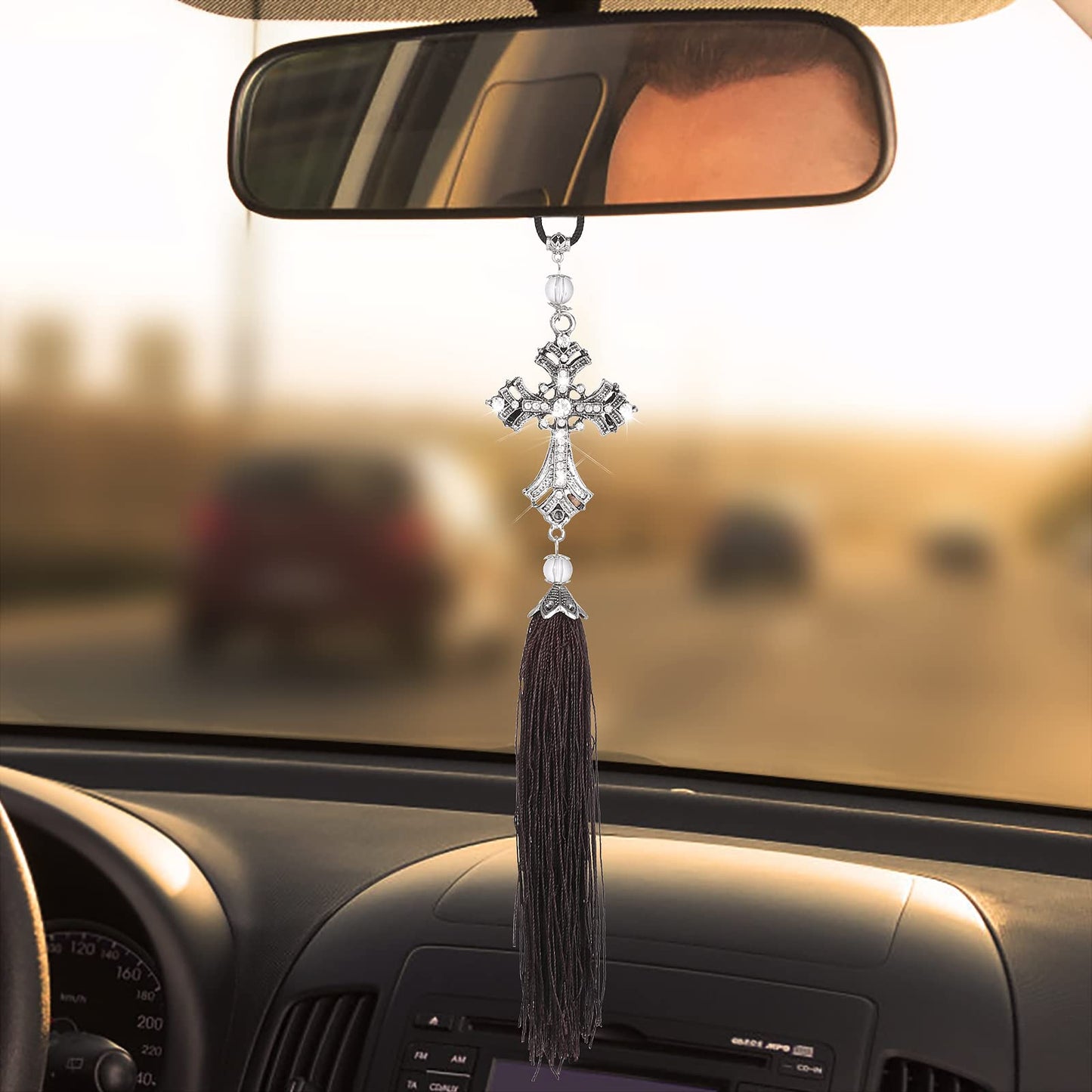 cobee Car Rear View Mirror Cross Pendant, Double-Sided Bling Sparking Crystal Diamond Cross Car Rearview Mirror Oranment Metal Hanging Accessories for Cars Cross Necklace for Men Women Christian Gift