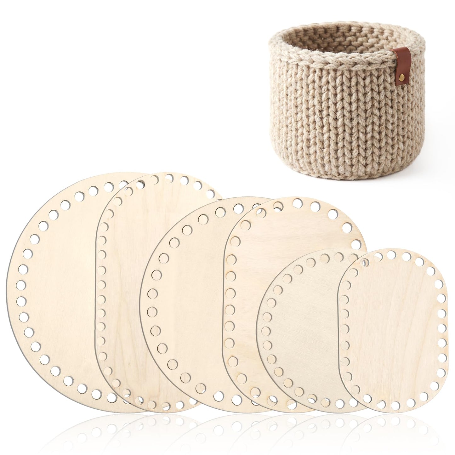 Cobee 6 Pcs Wooden Basket Bottom for Crocheting, Oval Circle Blank Crochet Baskets Wood Base, 6 Sizes Basket Weaving Supplies for DIY Craft Weaving Making Supplies
