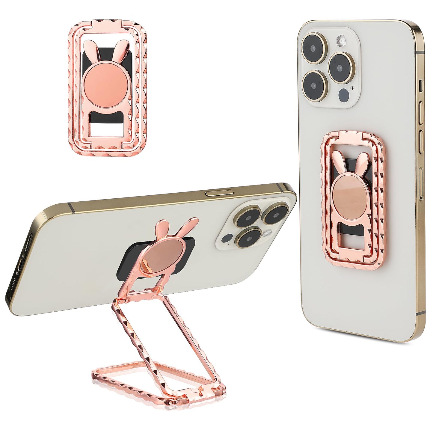 cobee Foldable Phone Ring Holder Finger Kickstand, Cute Rabbit Shaped Metal Phone Holder Adjustable Bunny Phone Grip Dual Direction Rotating Cell Phone Stand for Phone Case Car Mount(Rose Gold)