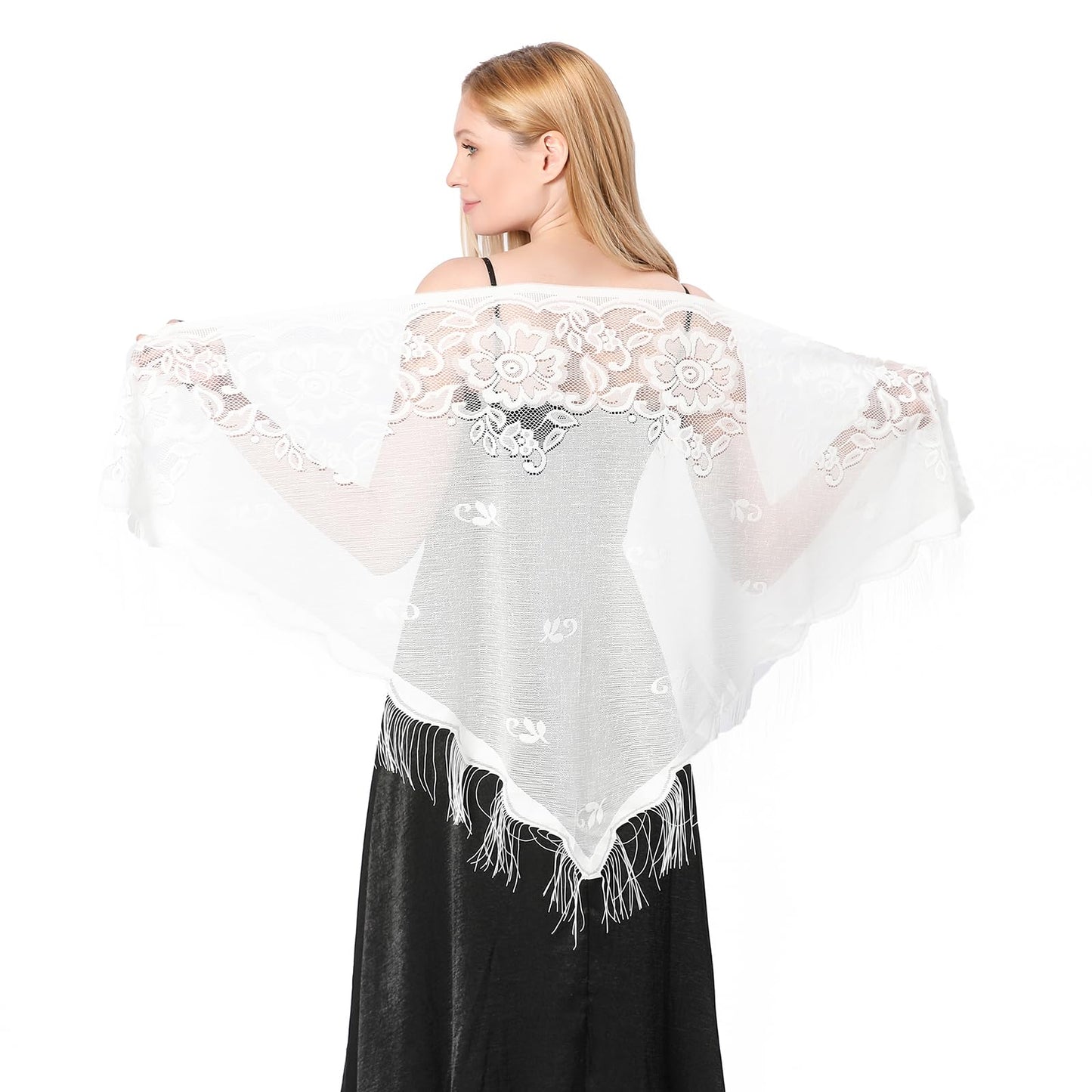 simarro Women Lace Wraps Shawls Soft Mesh Fringe WrapsTriangle Scarf Shawl for Wedding Evening Party Dresses(White)