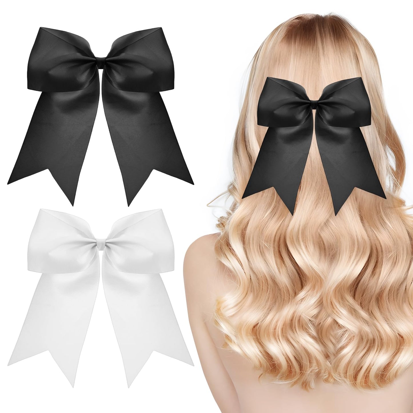 Amabro 2 Pcs Bow Hair Clip, 8 Inch Big Satin Hair Bow Barrettes Cute Long-tail Hairpin Large Bowknot Ribbons Claw French Ponytail Holder Hair Decorations Accessories for Women Girls(Black, White)