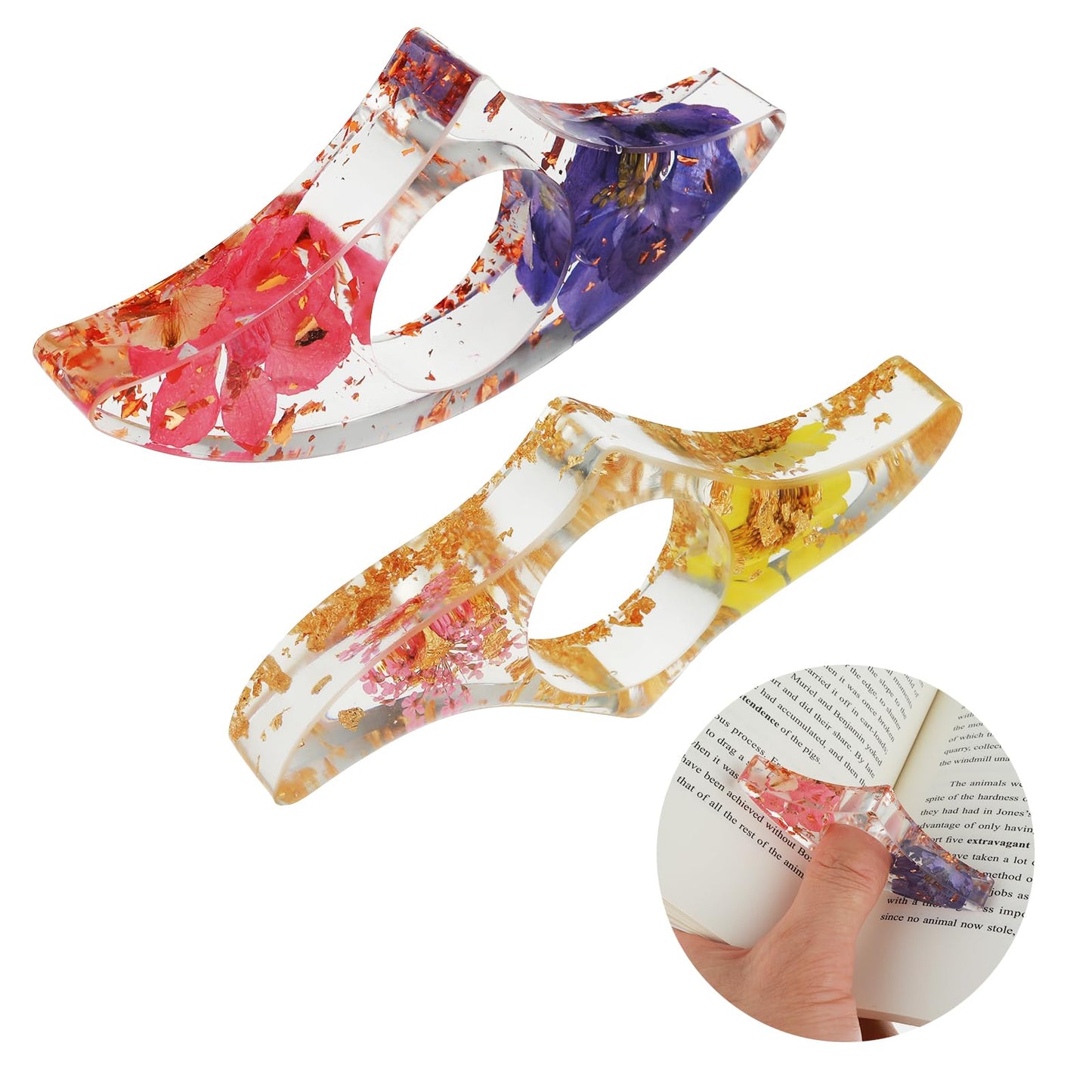 TIESOME Dried Flower Resin Book Page Holder, 2 Pcs Transparent Thumb Bookmarks Thumb Ring Page Book Opener Book Accessories for Teachers Readers Book Lovers Bookworm Literary (A)