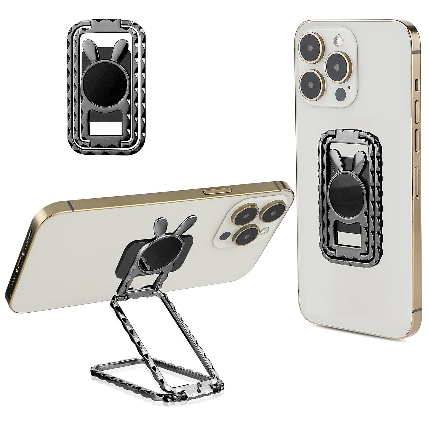 cobee Foldable Phone Ring Holder Finger Kickstand, Cute Rabbit Shaped Metal Phone Holder Adjustable Bunny Phone Grip Dual Direction Rotating Cell Phone Stand for Phone Case Car Mount(Black)
