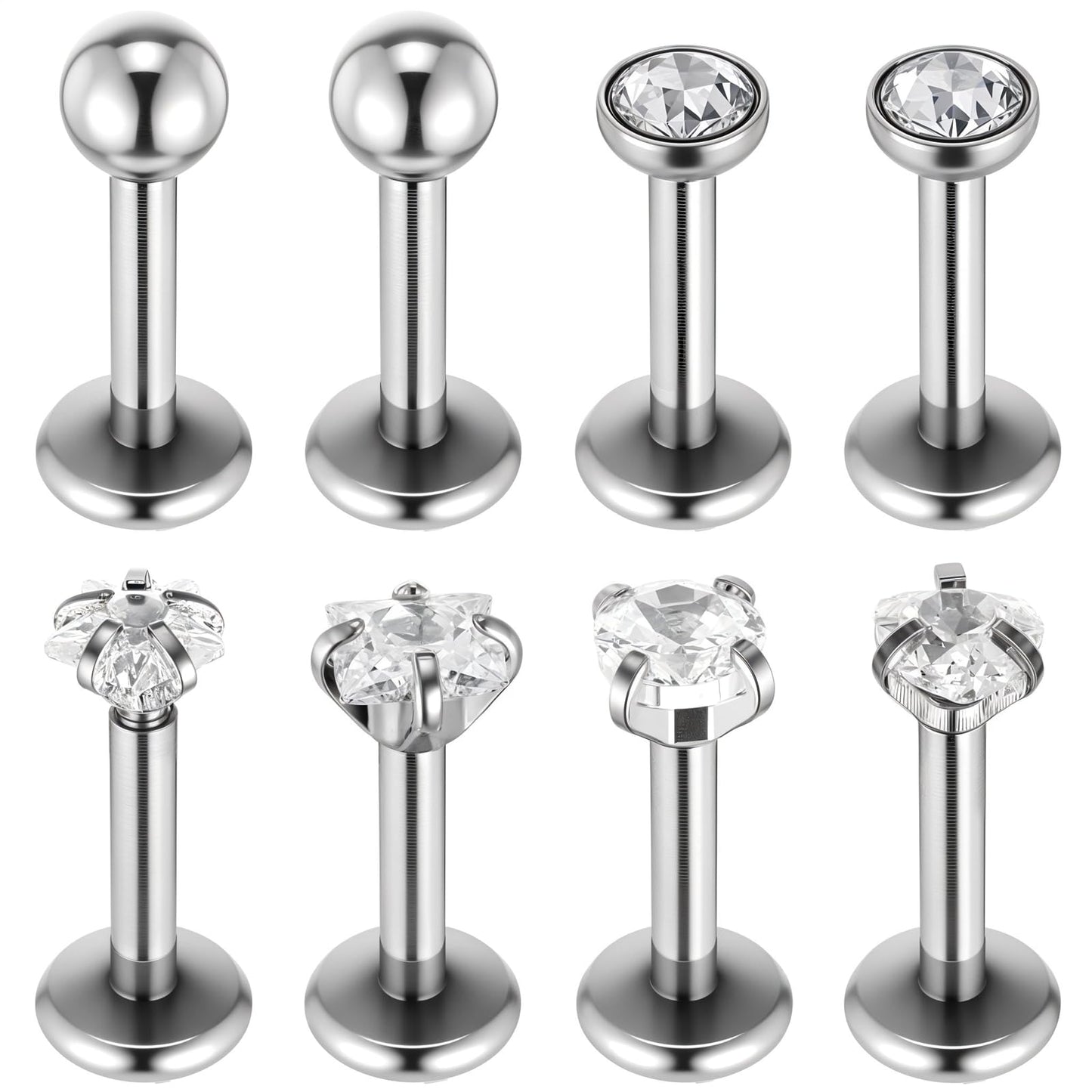 MBAIYO 8pcs Tragus Piercing Earrings Silver 16G Surgical Steel Lip Piercing Labret 6mm Helix Conch Jellyfish Nose Earrings with Star Heart Cubic Zirconia for Women and, 16g, Stainless Steel, No