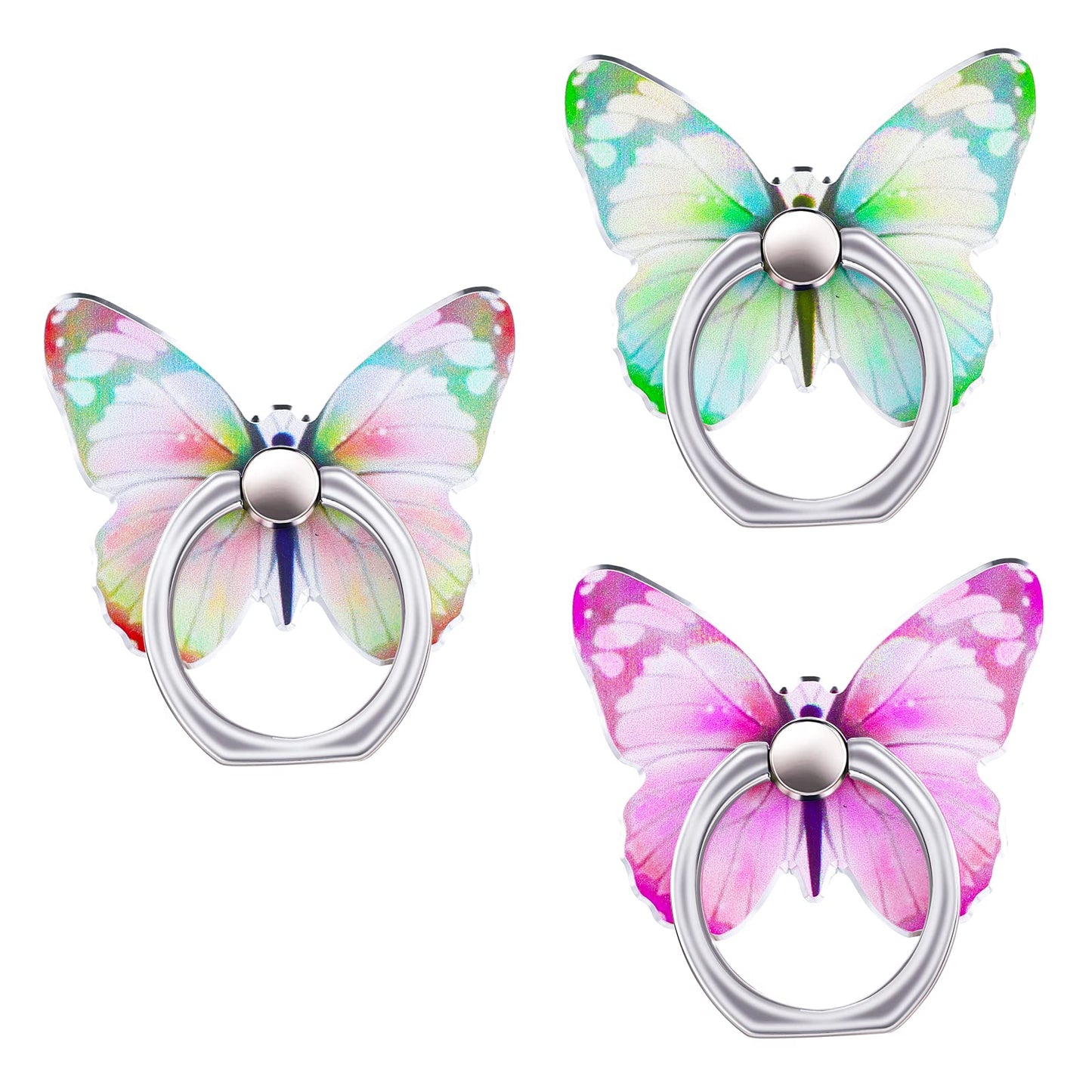 Cobee 3 Pcs Butterfly Cell Phone Ring Stand Holder, Cute Butterfly Pattern Painted Metal Finger Stand Kickstand 360°Rotation Phone Ring Holder Stand Ring Hand Grip with Knob Loop (Pink, Yellow, Green)
