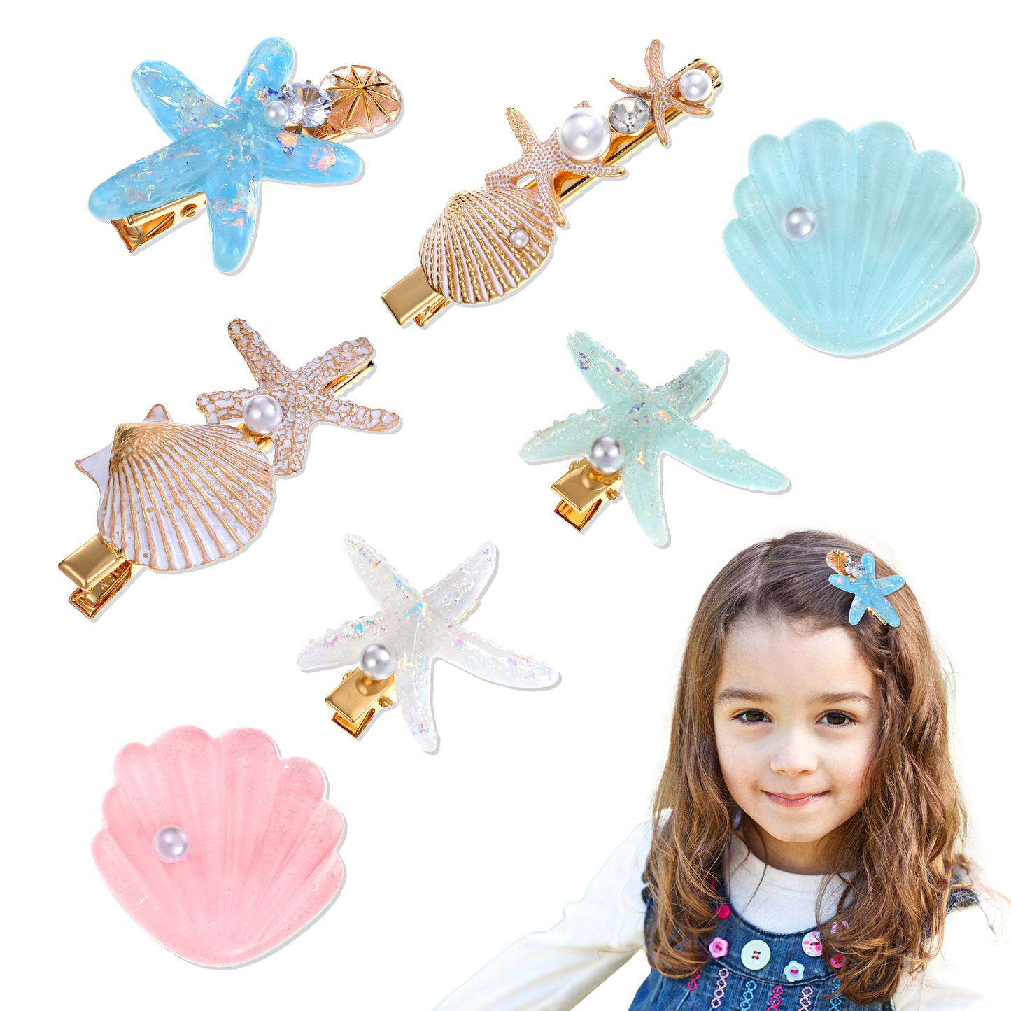 Yuanchu 7Pcs Shell Pearl Starfish Hair Clips Set, Seashell Metal Hair Clip for Women Beach Starfish Seashell Hair Pins Ocean Hair Accessories for Headwear Styling Tools