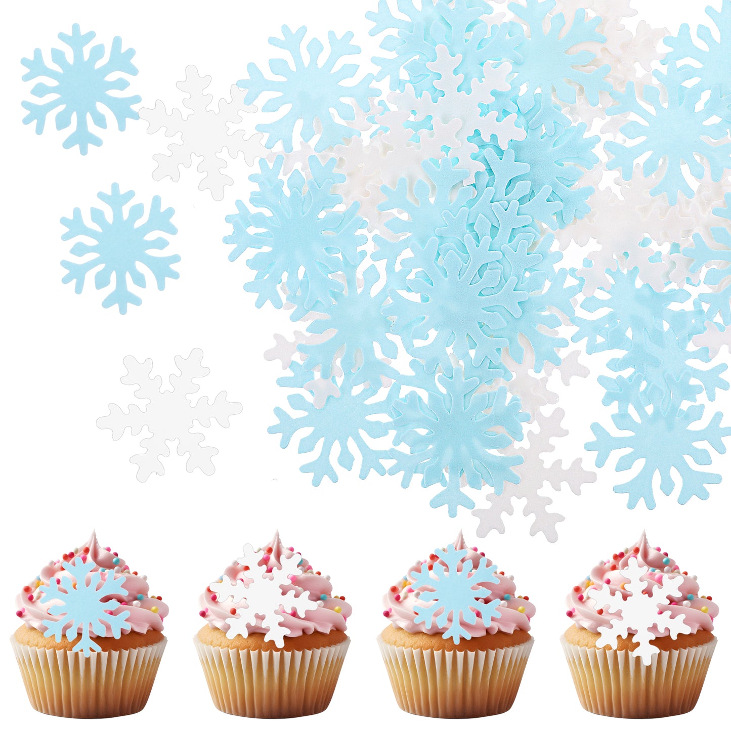 AOZUO 50PCS Edible Snowflakes Cupcake Toppers, White and Blue Rice Paper Cake Toppers for Christmas Winter Holiday Party Frozen Theme Wedding Birthday Cake Decoration Supplies
