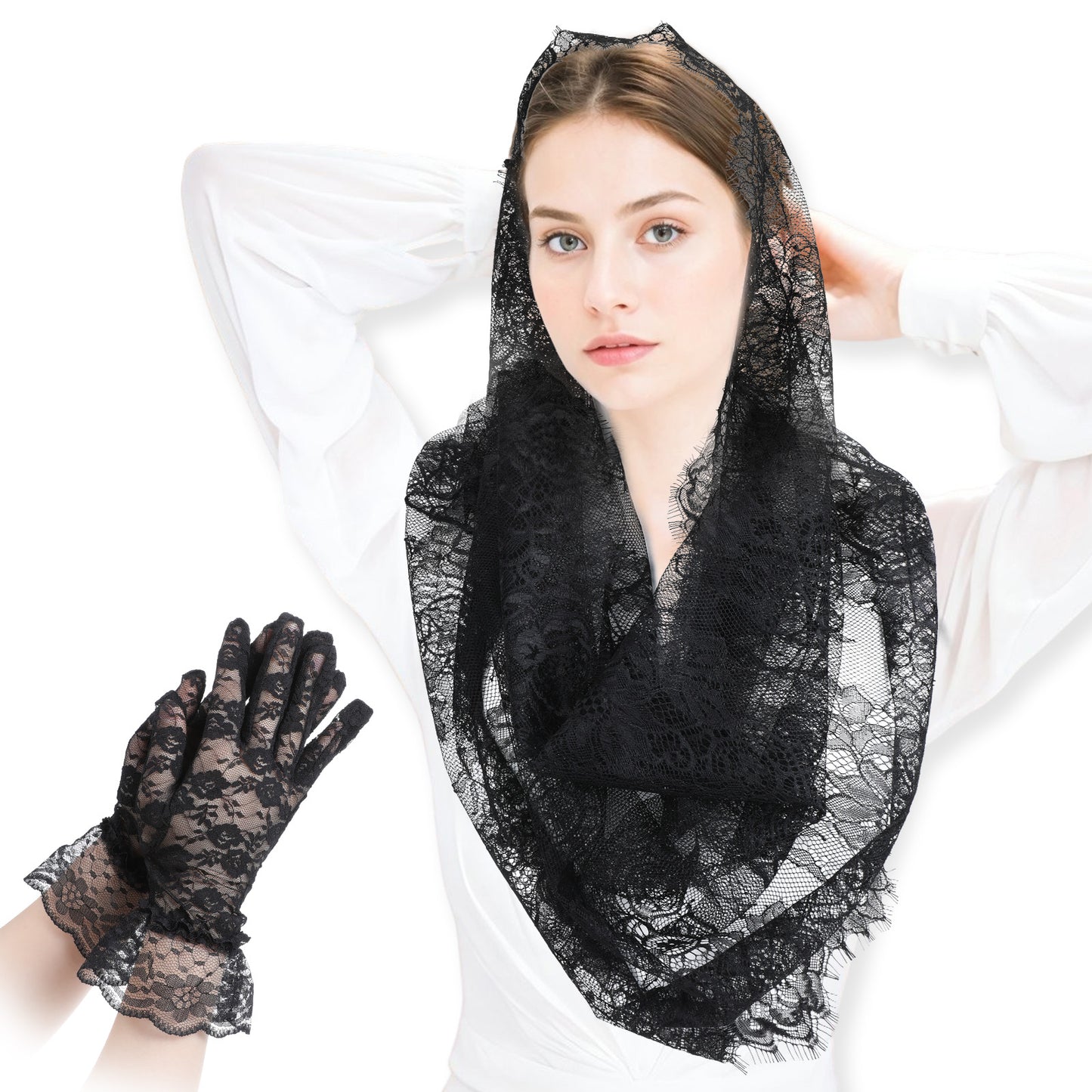 Giantree 2 Pcs Lace Veil, Church Mantilla, Catholic Veil Bridal Wedding Veils Halloween Veil Gloves (Black)