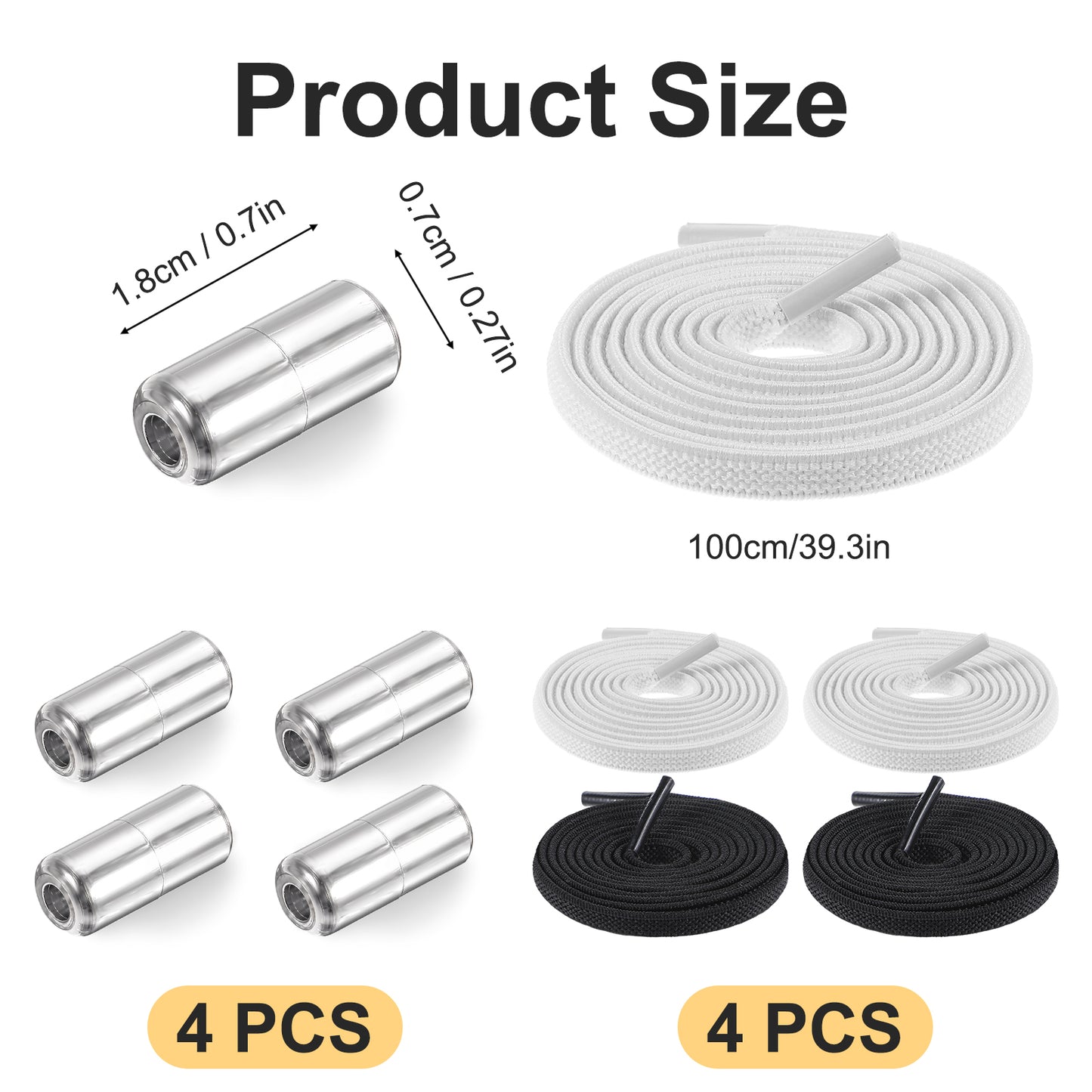 JIEYAO 2 Pairs Elastic No Tie Shoelaces, Tieless Shoe Laces One Size Shoelaces for Adults Sneakers Shoes(White+Black)