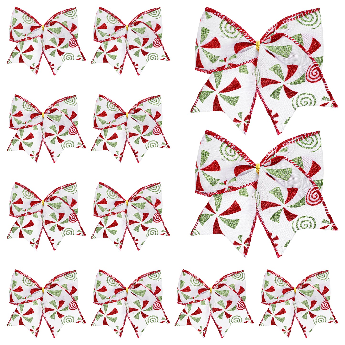JIEYAO 12 Pcs Red Green Christmas Bows, 5.9“ Christmas Tree Candy Wreaths Bows, Xmas Elf Tree Dot Bows Peppermint Garland Ribbon Ornaments Santa Gift Decorations for Home Party Crafts Gift Wrap(White)