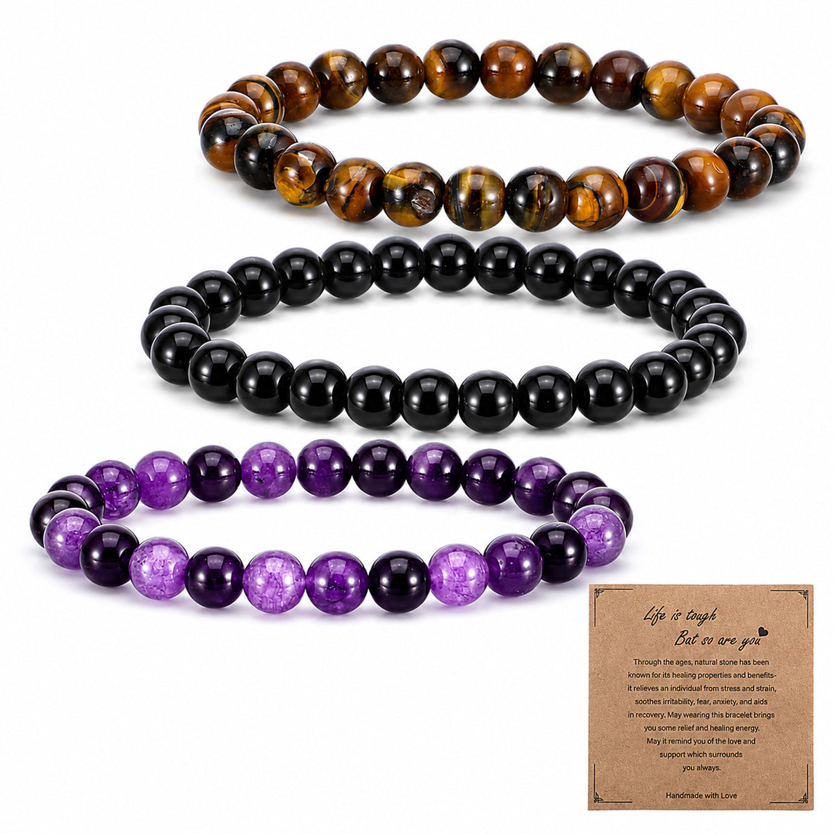 Cobee 3PCS Beaded Bracelets for Women, Natural Stone Healing Crystal(8mm)