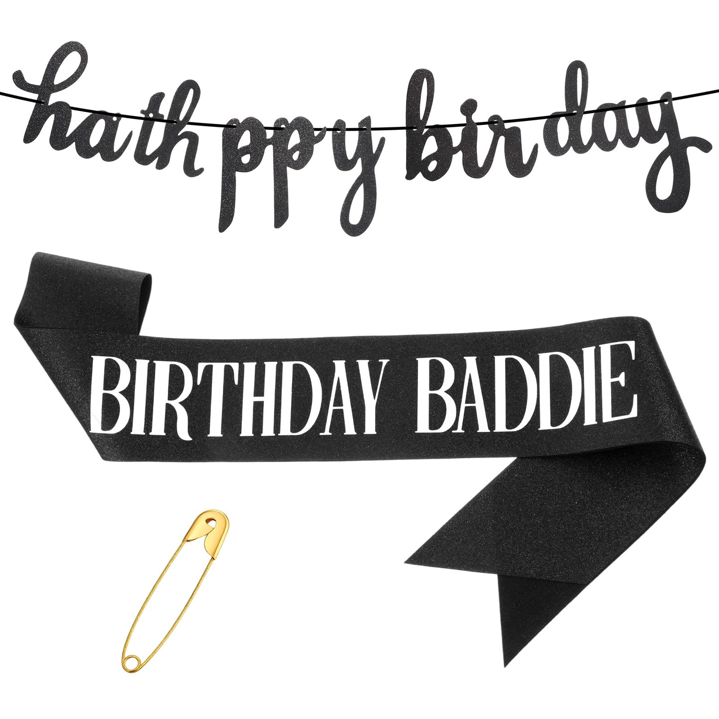 WJIAAA Birthday Baddie Sash Set, Glitter with 1 Gold Foil Sash 1 Black Happy Birthday Banner, Soft Glitter Gold Foil Birth day Sashes Banner Funny Sparkly Satin Party Accessories for Women Men