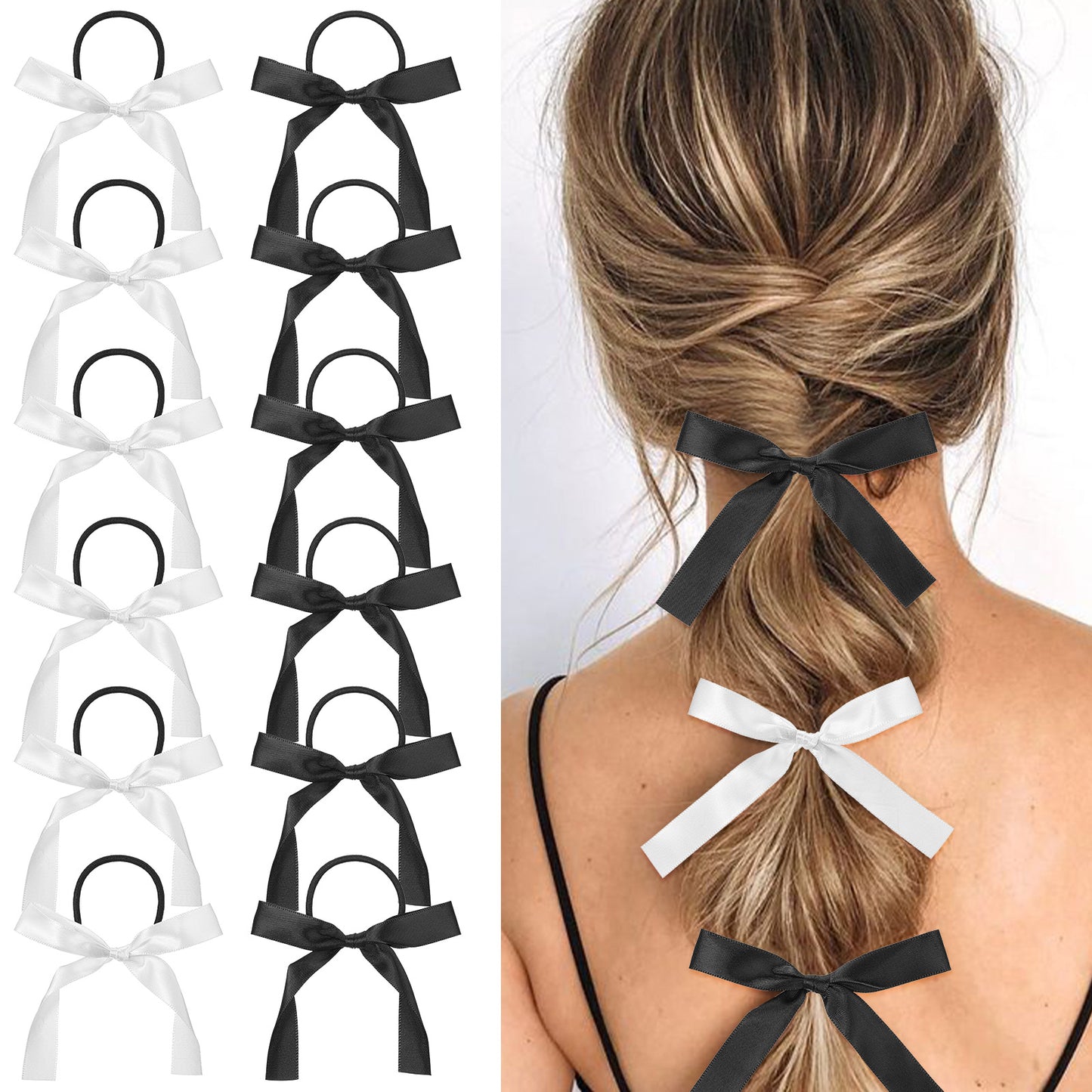 XLIUAX 12 Pcs Black & White Hair Bows Ties, Silky Satin Bowknot Hair Scrunchie Ribbon Elastics Ponytail Holders for Bubble Braids Women