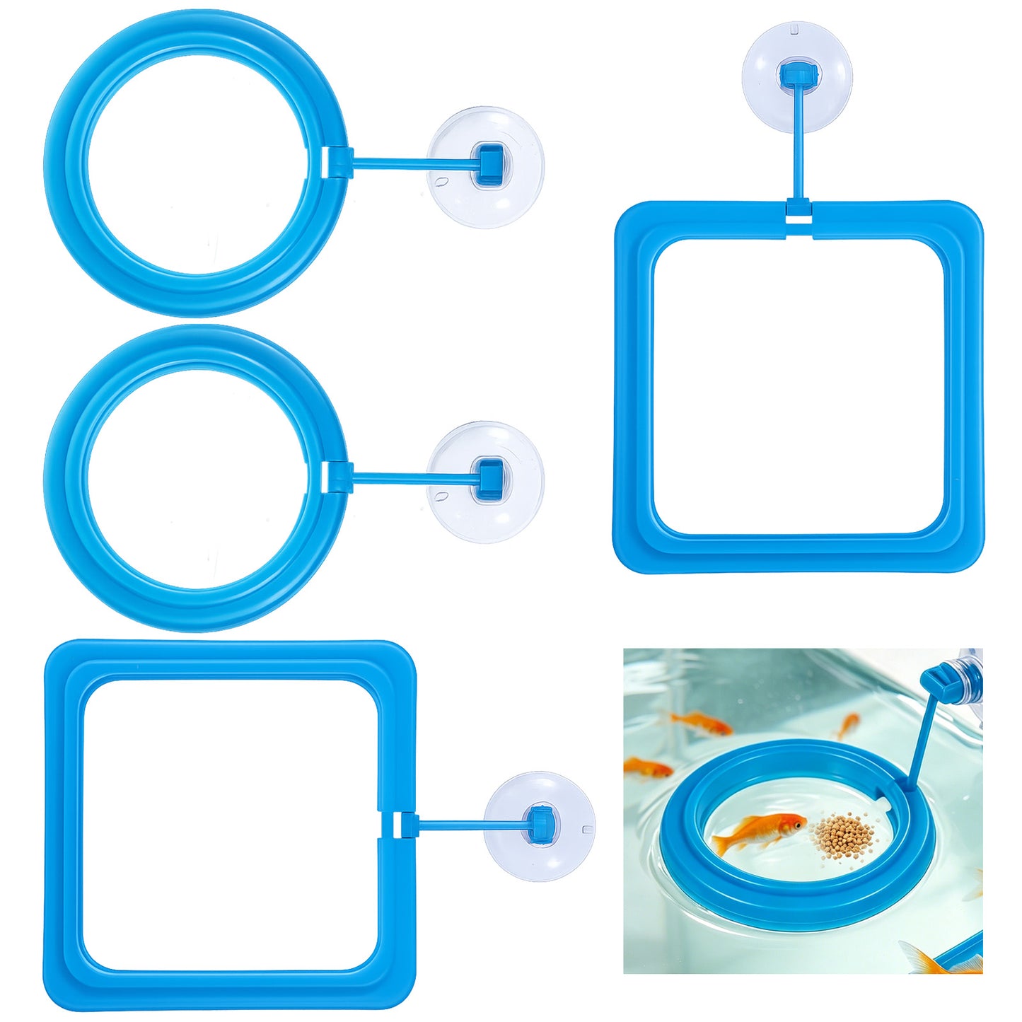 SULIKJHUI 4 Pcs Fish Feeding Ring, Round & Square Floating Aquarium Feeding Ring with Suction Cup, Easy to Use for Betta, Goldfish, Guppy, Turtle & Small Fish (Blue)