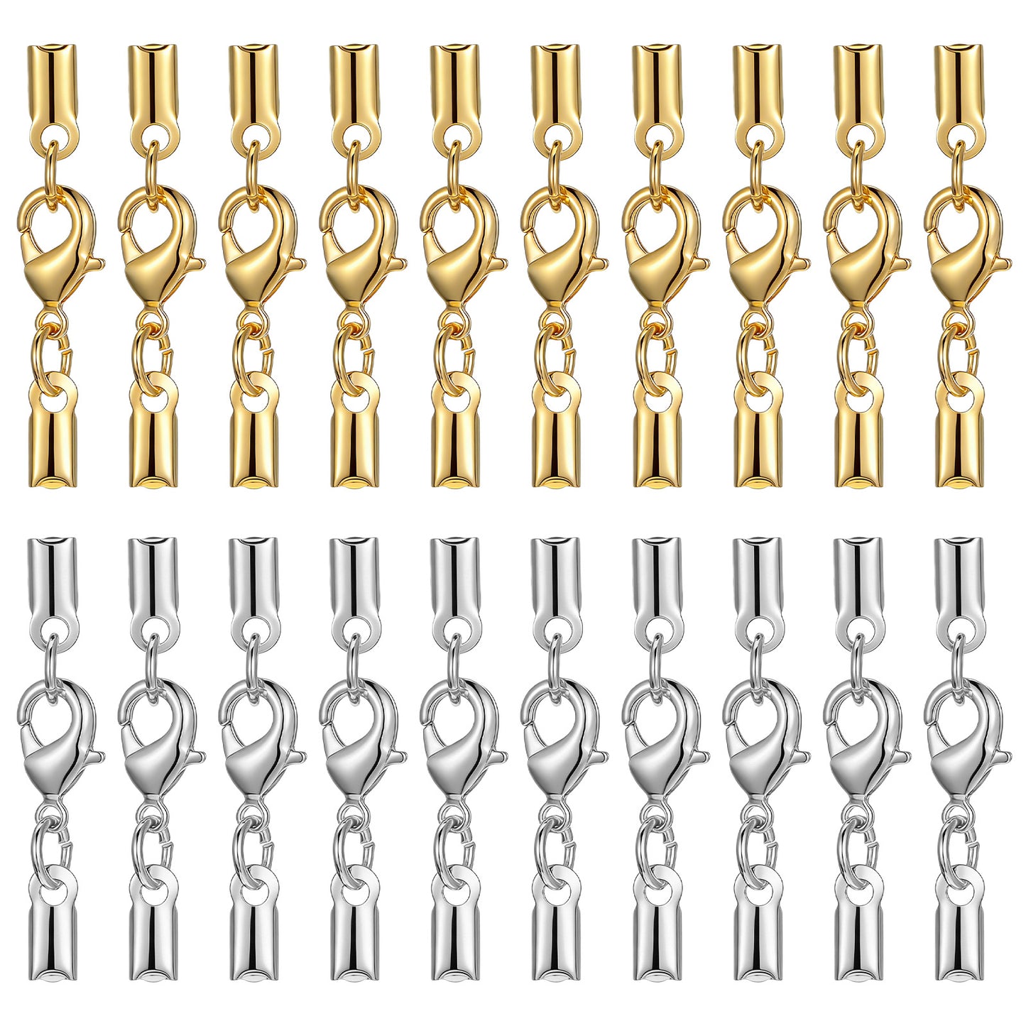 HJZHII 20Pcs Cord End Caps with Lobster Clasp Connector, Stainless Steel Necklace Jewellery Making Lobster Clasps for Necklace, Bracelet, DIY Craft Jewellery Making - 10 Pcs Silver/10 Pcs Gold