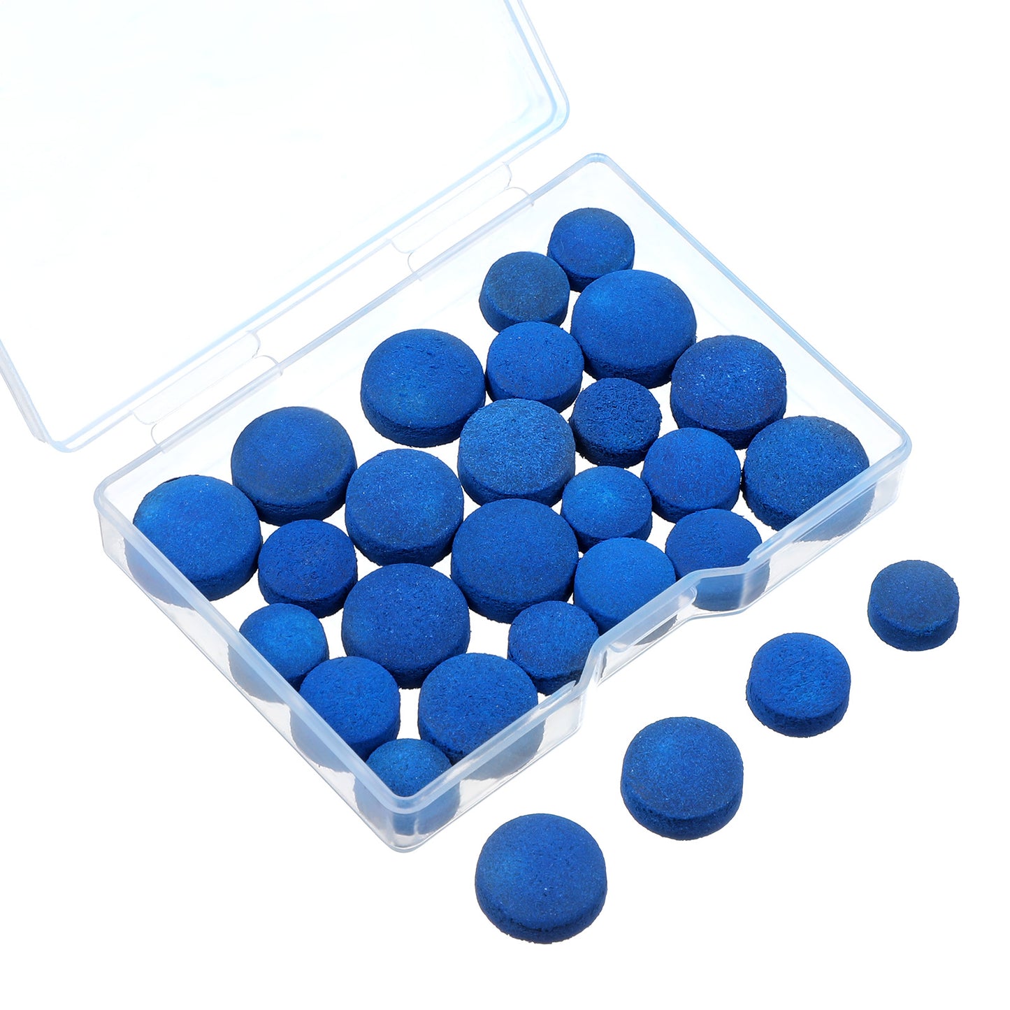 SHENLIU 32 Pcs Pool Cue Tips, 9/10/12/13mm Blue Leather Snooker Cues Tips with Storage Box, Replacement Billiard Cue Tip for Pool, Snooker, Blue