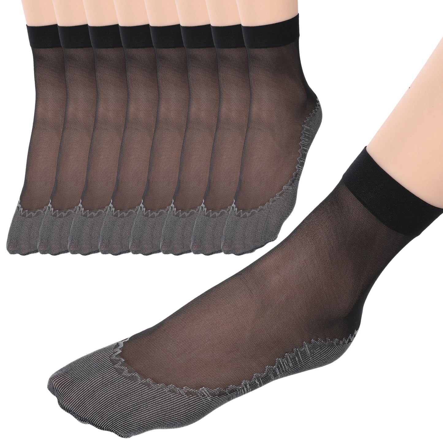 WJIAAA 16 Pairs Black Nylon Socks, Ankle Thin Sheer, No Show Elastic Socks with Cotton Sock Bottom, Anti-Slip Summer Breathable Stockings, Reinforced Sole and Toe Black Colored Tights