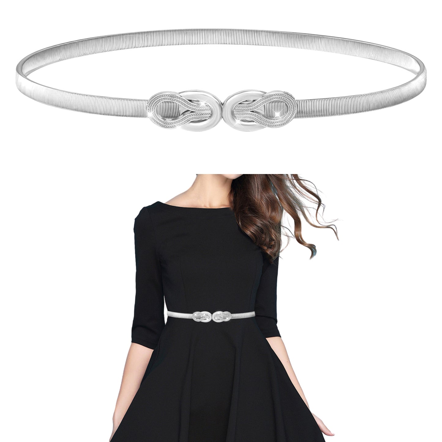 TIESOME Elastic Skinny Waist Belt for Women, Silver Thin Elastic Chain Belt with Metal Buckle for Dresses Ladies Dress Waist Band
