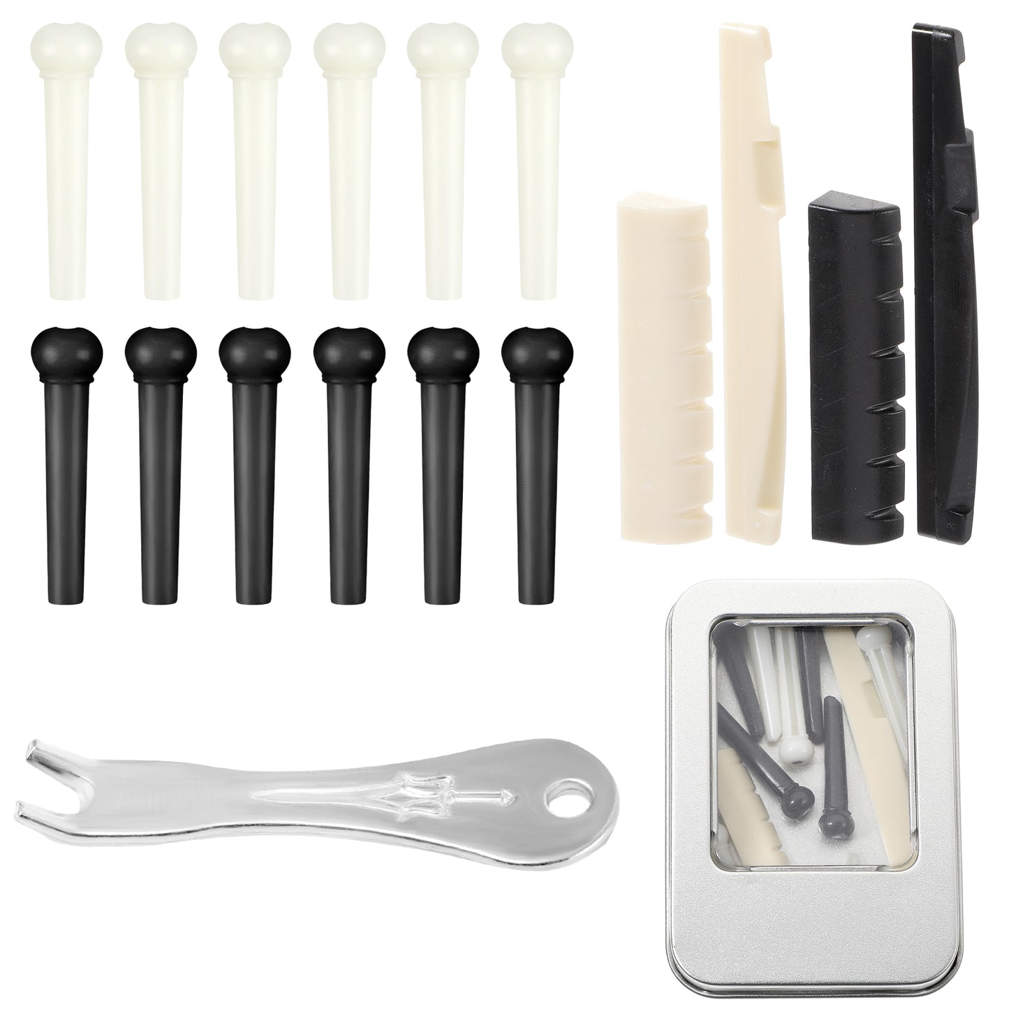 Giantree 12 Pcs Acoustic Guitar Bridge Pins with Metal Bridge Pin Puller Remover & 2 Sets Guitar Bridge Saddle and Nut, Acoustic Guitar Pegs Replacement Parts and Accessories