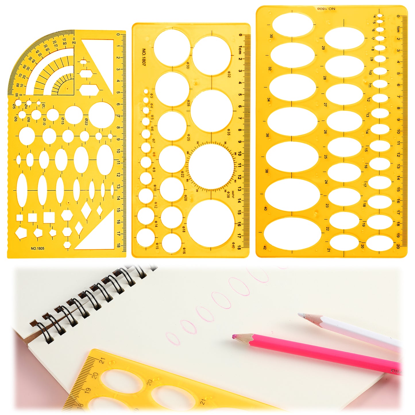 Yuanchu Circle Stencil Geometry Ruler Set, 3 Pcs Plastic Ellipse Measuring Drawing Template Circle Stencils Geometry Measuring Tools for Design School Studying Office