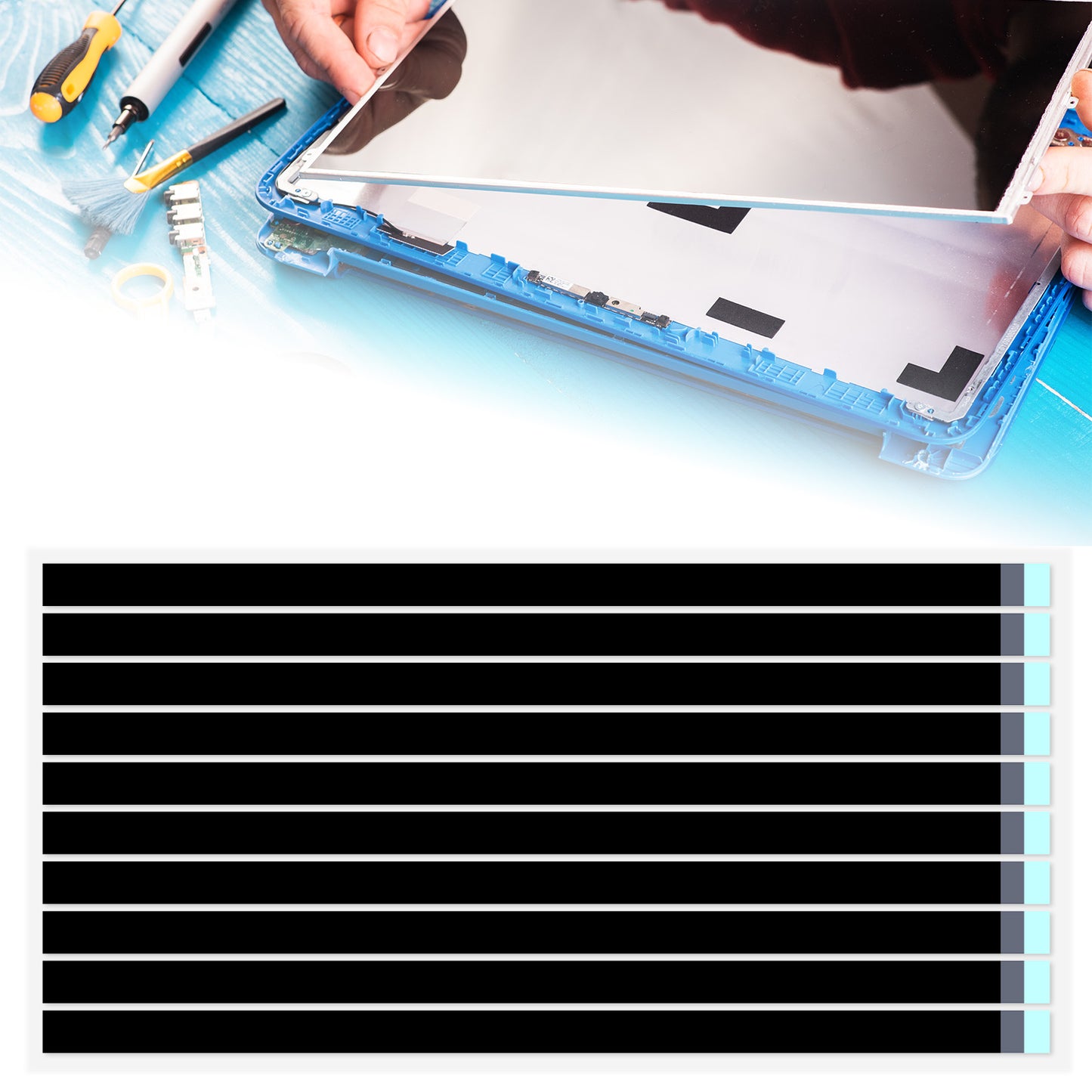 BOHUIZ 10 Pcs Laptop Screen Double Sided Tape, Black Pull Tab Stretch Tape Easy Stretch Adhesive Tape for Tablets Mobile Phones Laptop LCD LED Screen Replacement (No Handle 200mm)
