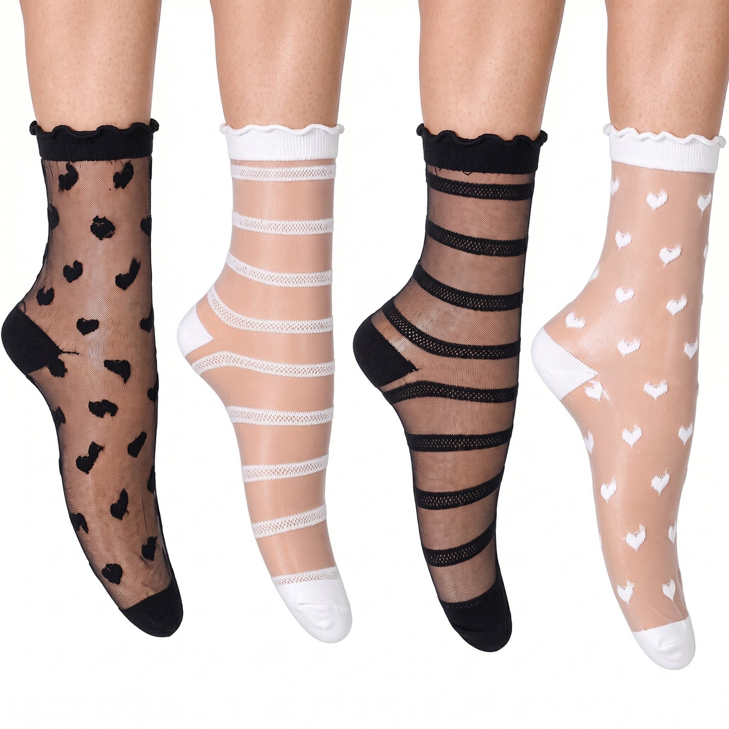 SULIKJHUI 8 Pairs Lace Ruffle Socks for Women, Sheer Ruffle Socks with Heart Stripe Pattern, Polyester Cotton Ankle Stockings (White & Black, 11.8 Inch)
