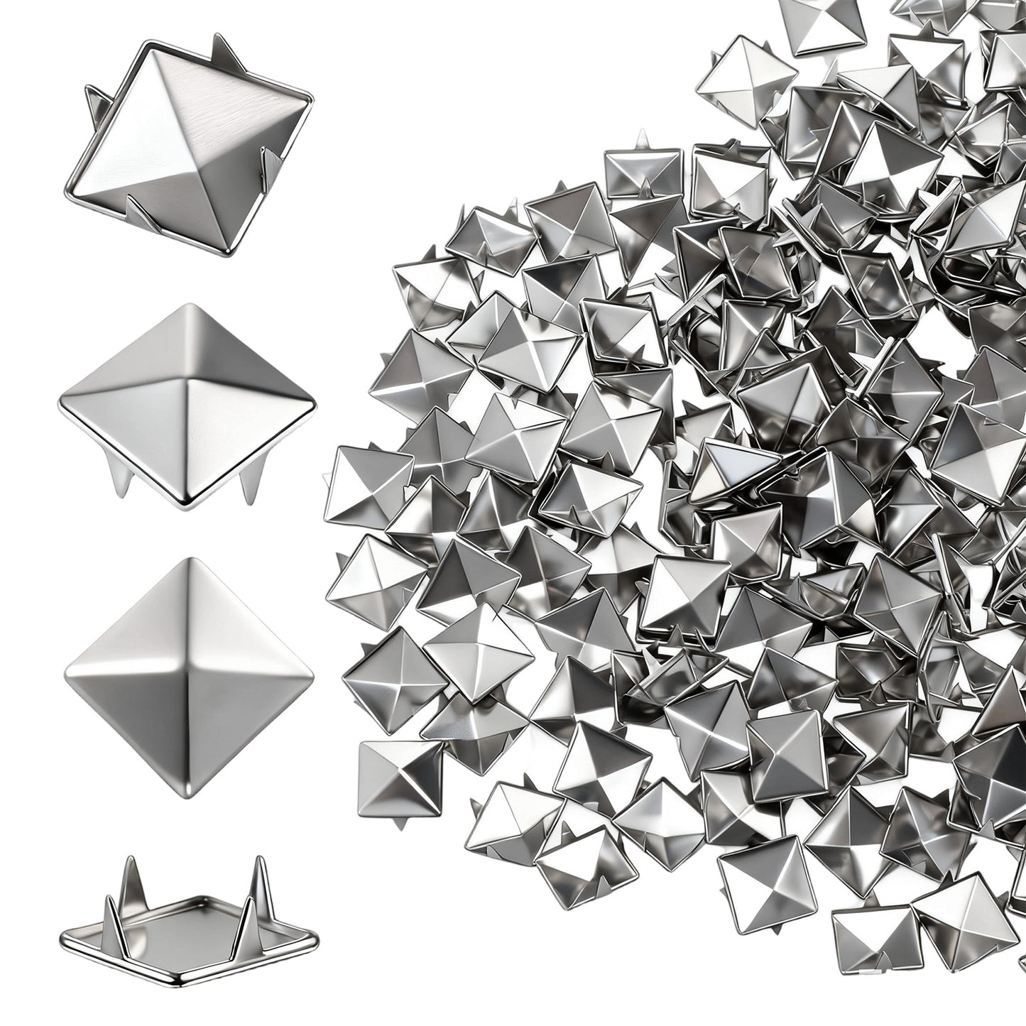 LXUEJIE 600 Pcs 10mm Silver Studs for Clothing, Square Pyramid Studs, Four-jaw Square Metal Spike Studs for Crafts, Leather Jacket Bag, Shoes, Dog Collar
