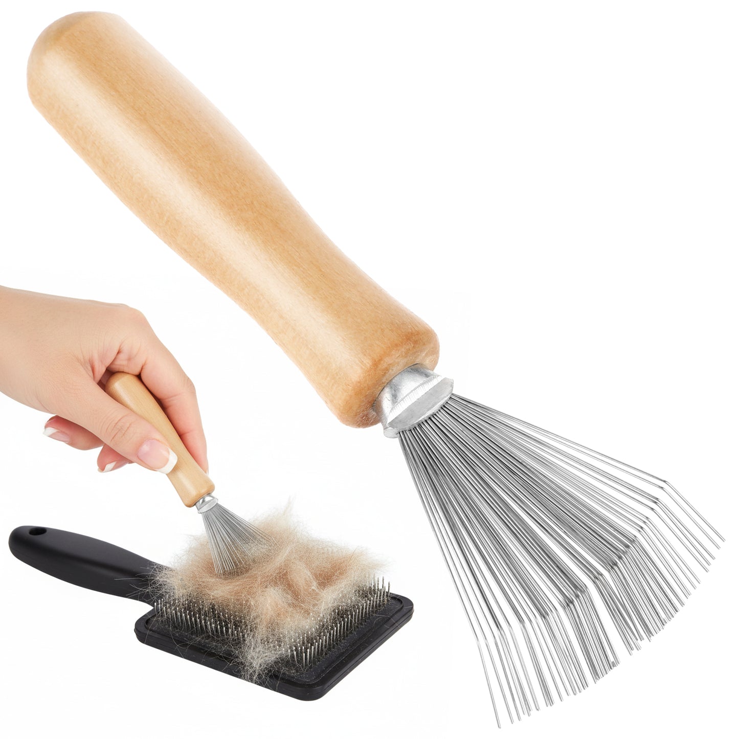Molain Hair Brush Cleaner Tool, Mini Rake Hairbrush with Wooden Handle & Stainless Steel Teeth, Quick Remover for Hair Lint from Combs and Brushes Home Salon Use