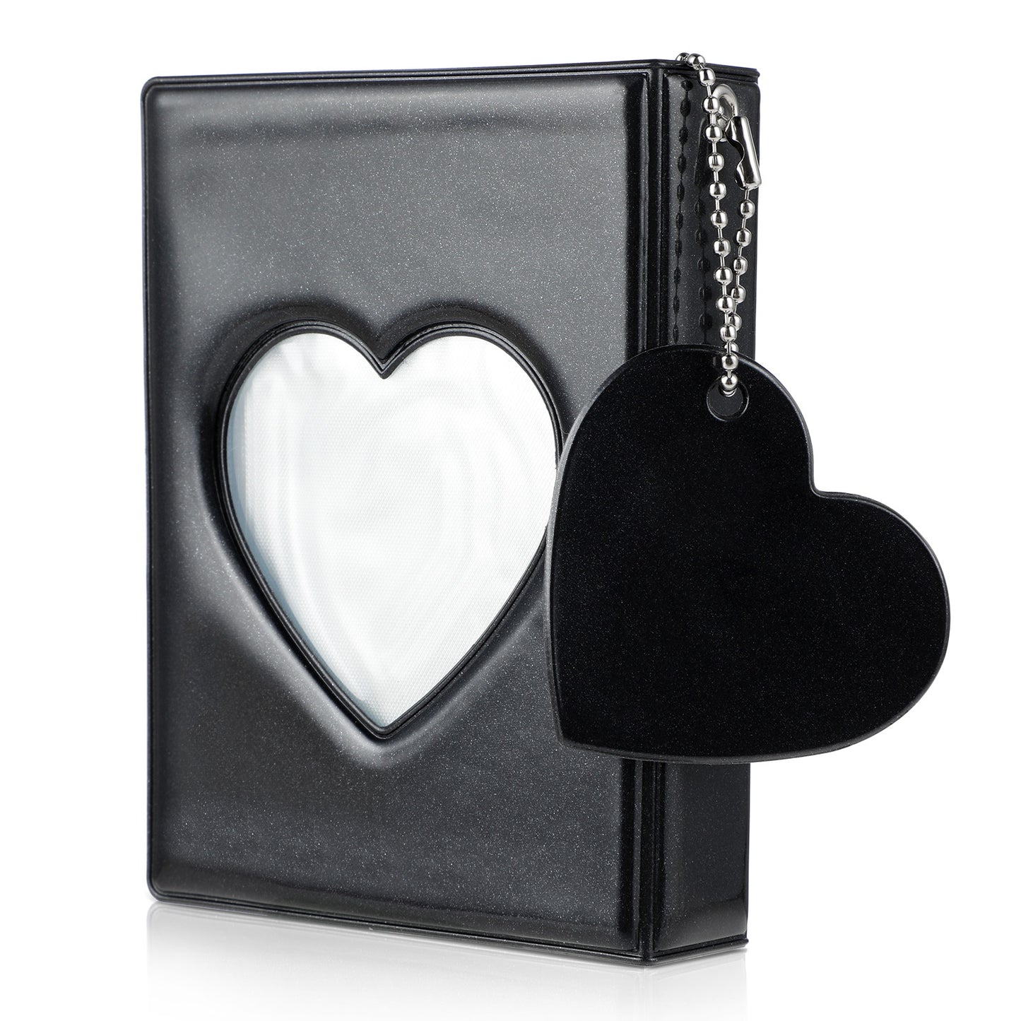 Molain 3 Inch Small Photo Album, Heart Hollow Card Binder with 32 Pockets, Pink Photocard Binder, Cute Photo Card Holder with Beaded Chain for Photocards Collection(Black)