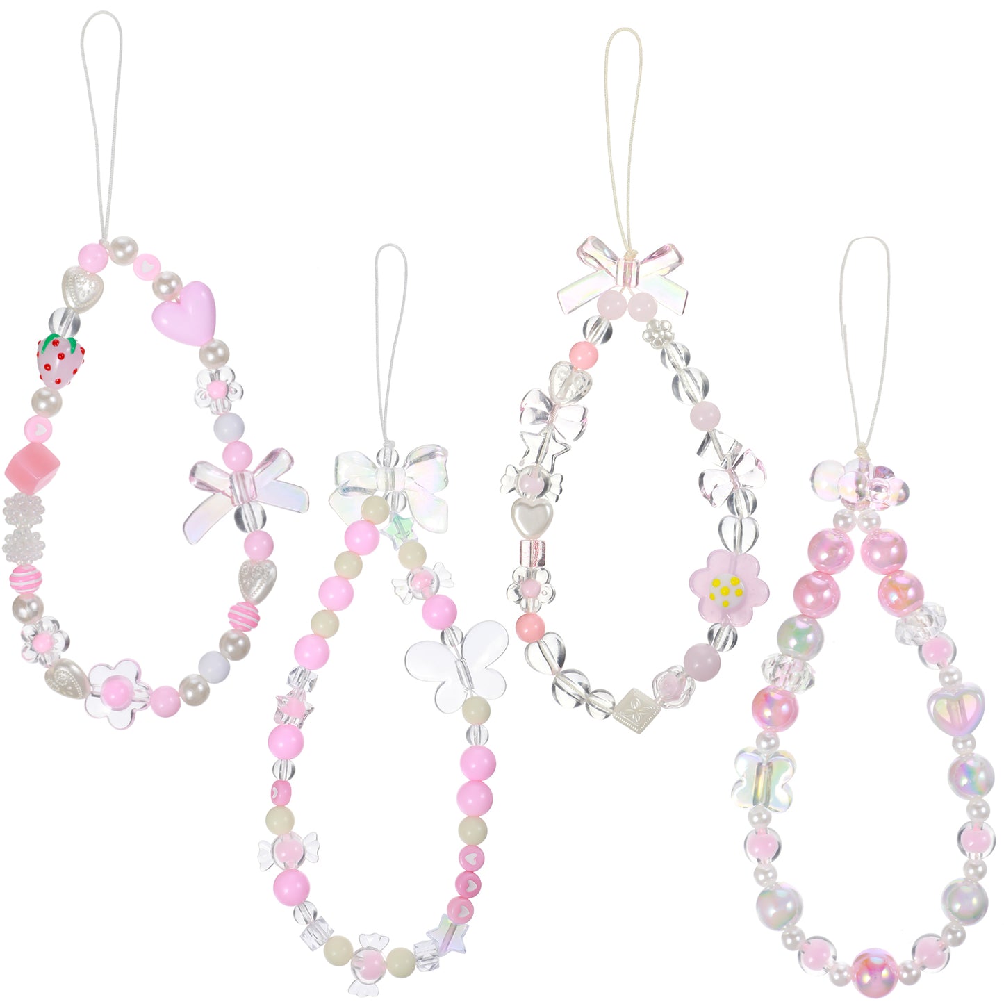 HJZHII 4 PCS Cute Phone Charm, Pink Beaded Phone Lanyard Wrist Strap Aesthetic Cell Phone Keychain Y2K Flower Butterfly Phone Chain for Phone Bag Camera Pendants Decor