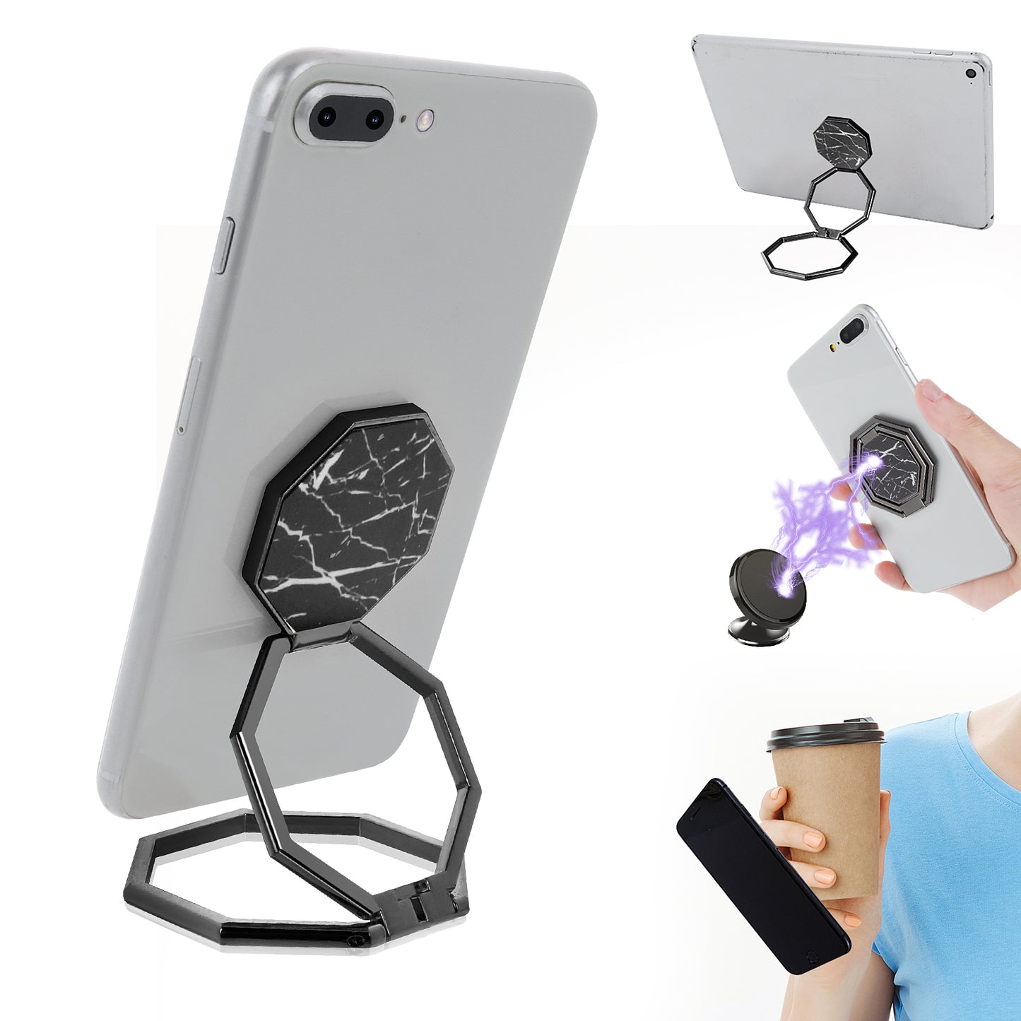 GEEHUA Phone Ring Holder Finger Kickstand, 360° Rotation Metal Cell Phone Stand Foldable Mobile Phone Back Grip Adjustable Phone Holder for Most Smartphones(Black)