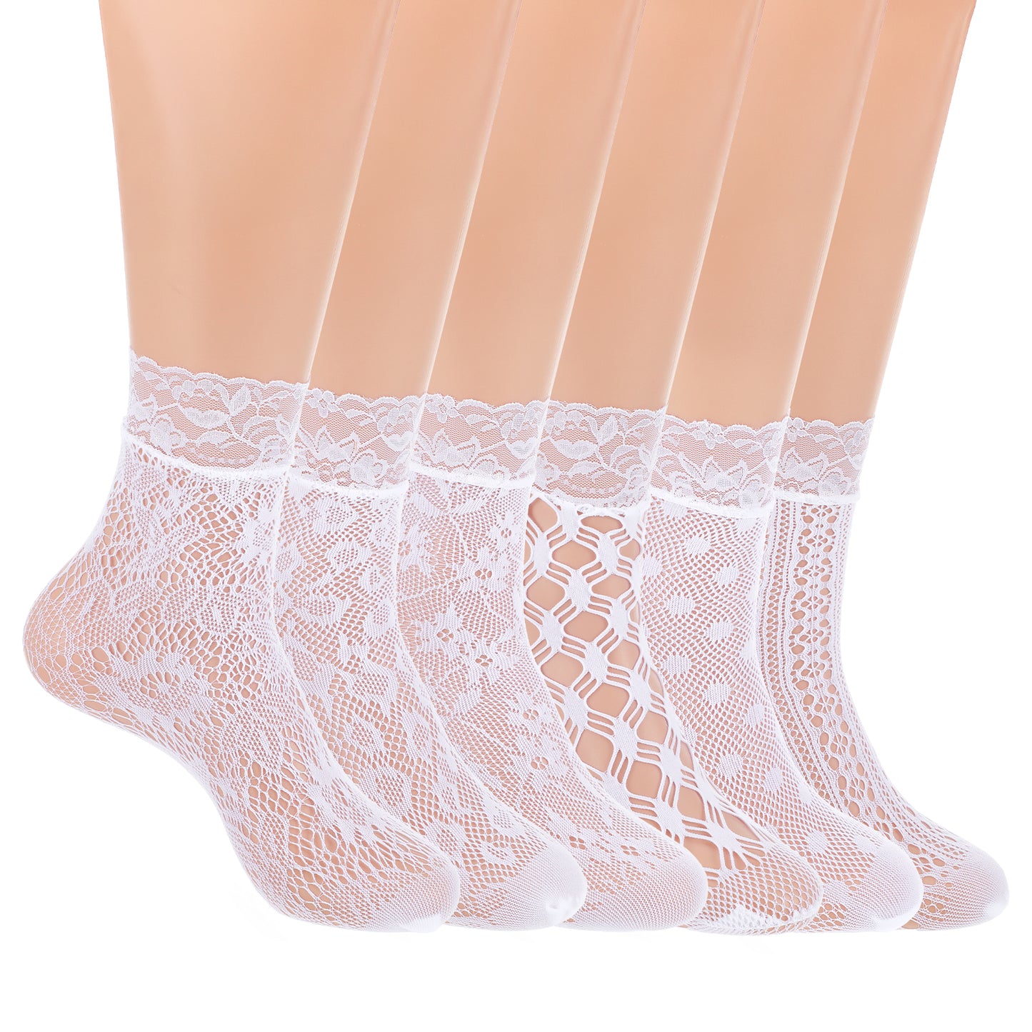 GEEHUA 6 Pairs White/Black Lace Socks, Elegent Mesh Fishnet Ankle Socks Sexy Hollow Mesh Lace Sock for Women Girls(White)
