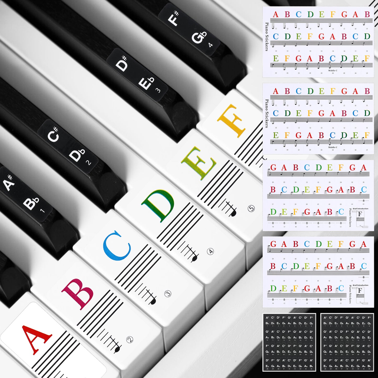 TIEOSME 6PCS Multicolor Piano Stickers, Keyboard Note Labels Removable Multicolor Bold Letters Keyboard Stickers for Beginners Fits 88 61 54 49 Key Pianos