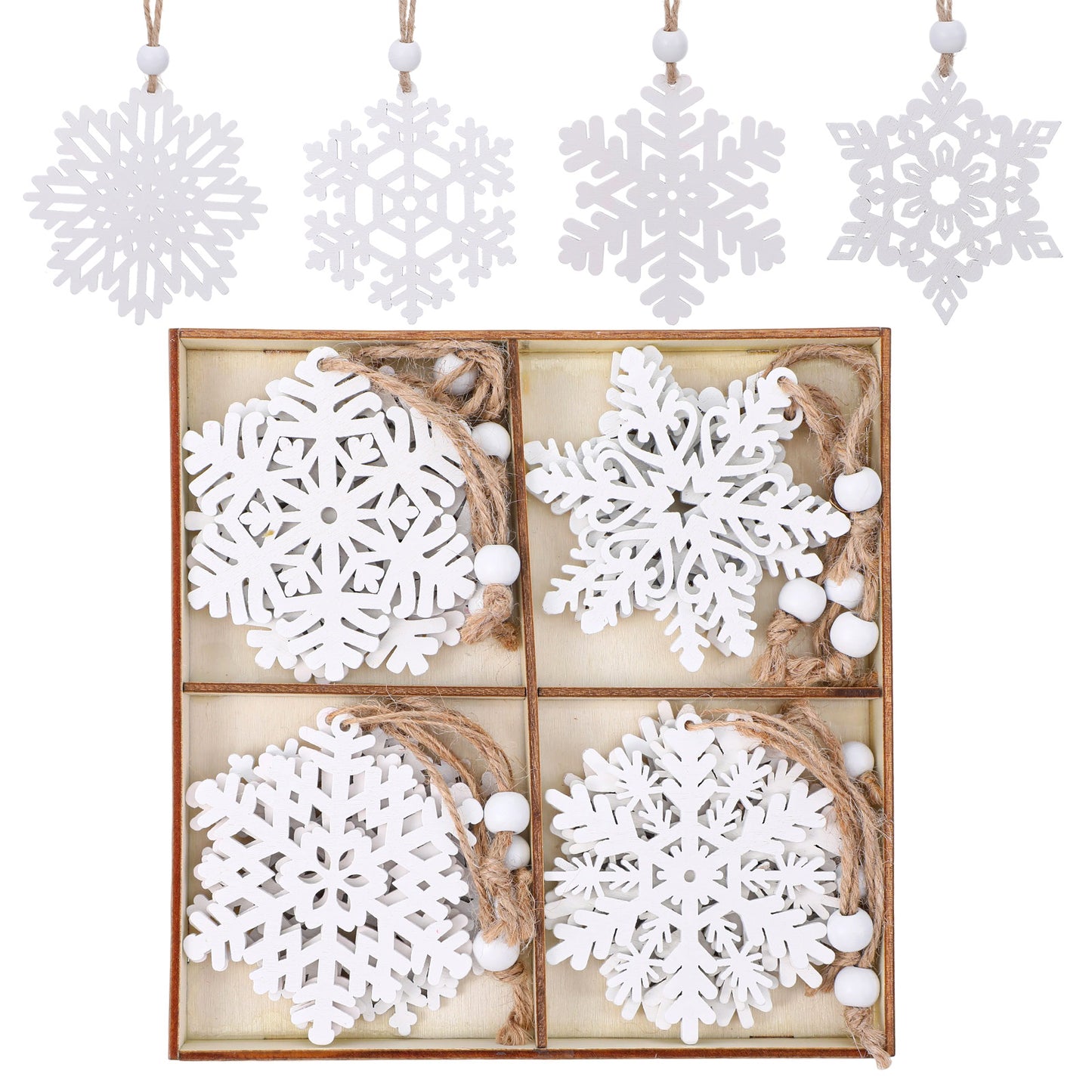 YUXMU 16 Pcs Wooden Snowflakes for Crafts, 3 Inch Unfinished Snowflake Ornaments for Christmas Tree & Home DIY White Christmas Decor with Natural Wood Texture(White)