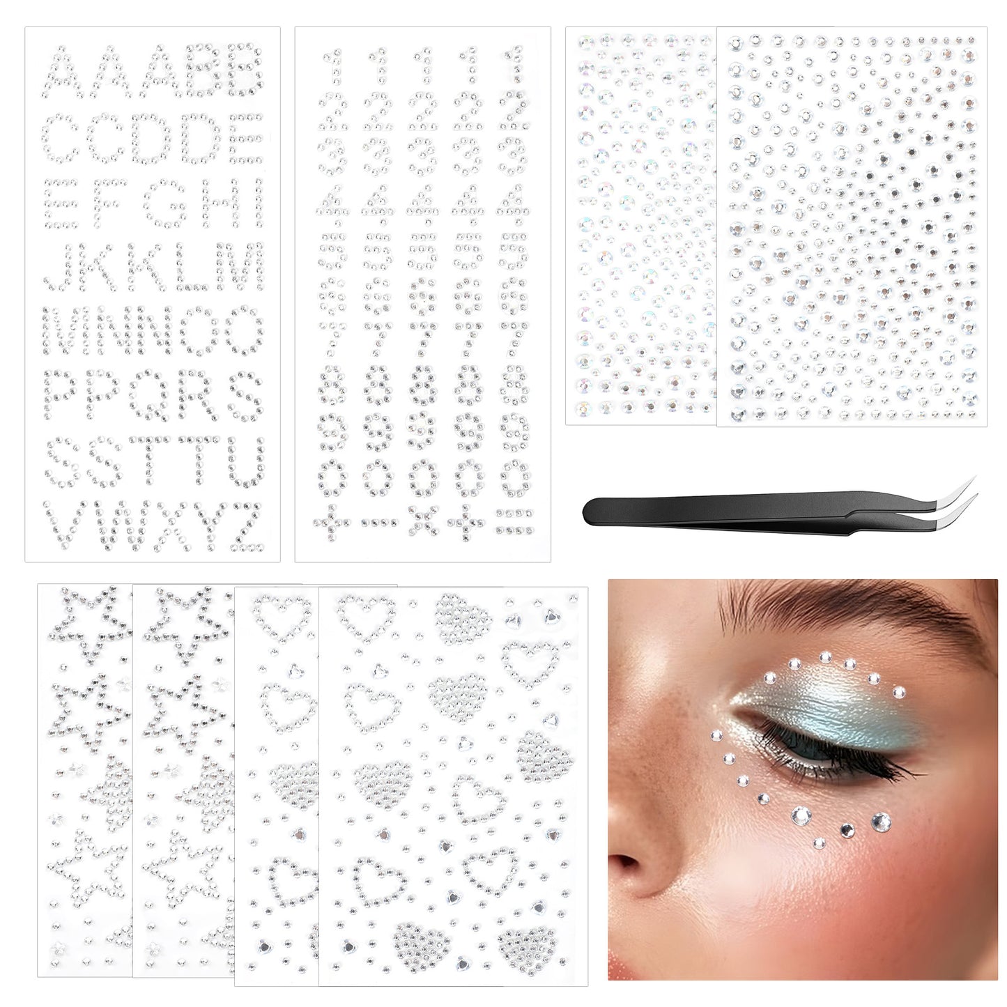 Amabro 8 Sheets Self Adhesive Face Gems, Silver Heart Numbers Letters Star