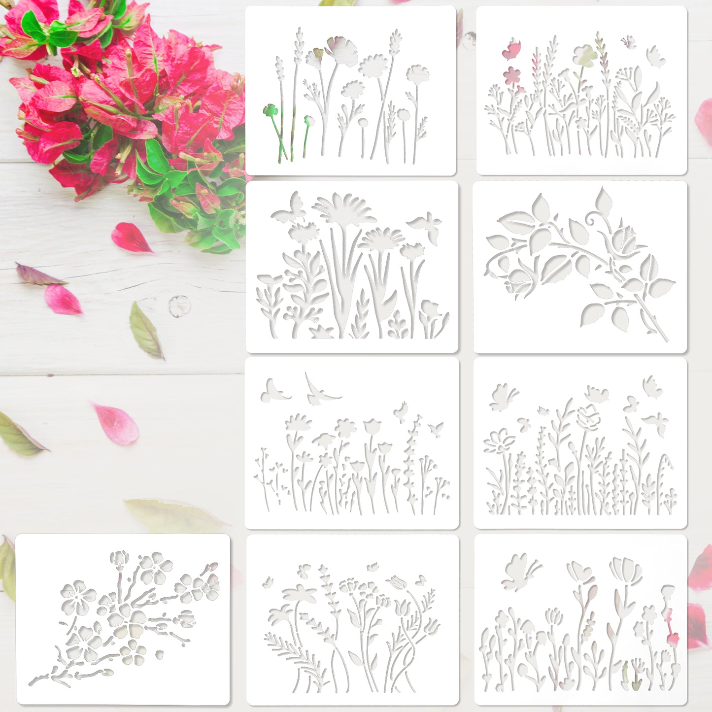 HJZHII 9 Pcs Flower Stencils, Cherry Blossom Vine Stencils Reusable Drawing Stencil Wildflower Paint Stencil for Painting on Wood for Painting Furniture DIY Home Decor Crafts