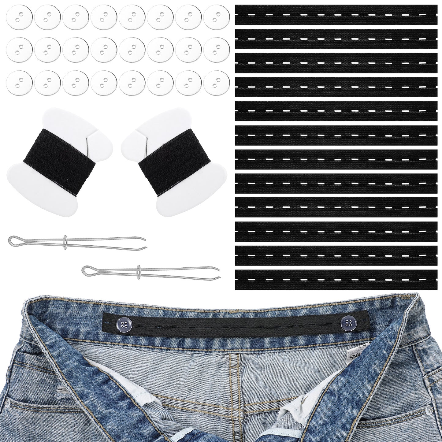 DOPENSPI 12 Pcs Waist Tightener for Pant Women, Adjustable Elastic Waistband Adjuster Jean Button Waists Tightener Elastic Waist Extenders Sewing Kit for Loose Jeans Pants Women Men