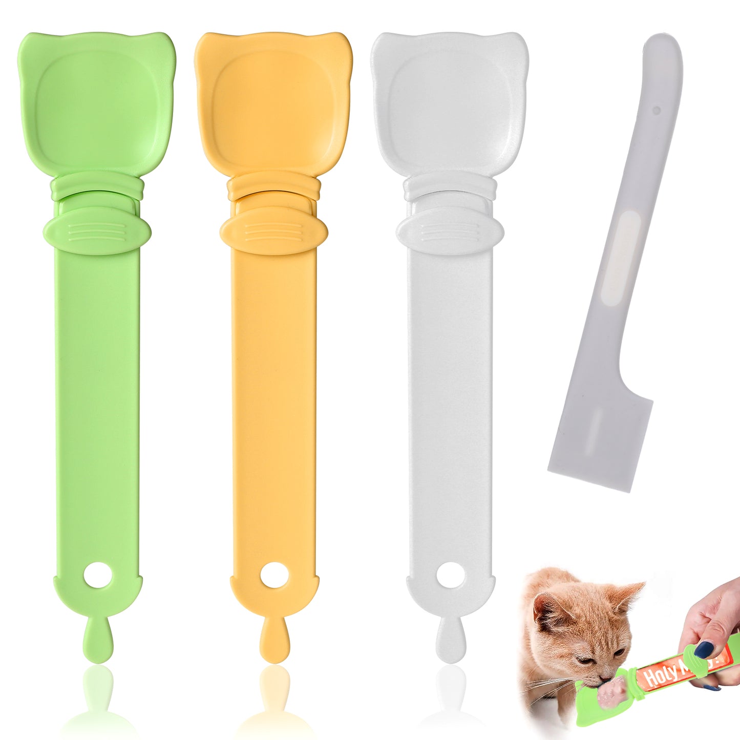 Yuanchu 3pcs Cat Strip Feeders with 1pc Can Spoon, Colorful Cat Stripe Squeeze Spoon Set Cute Sliding Cat Strip Feeder Cat Food Spoon for Wet Food 2 in 1 Cat Food Can Spoon