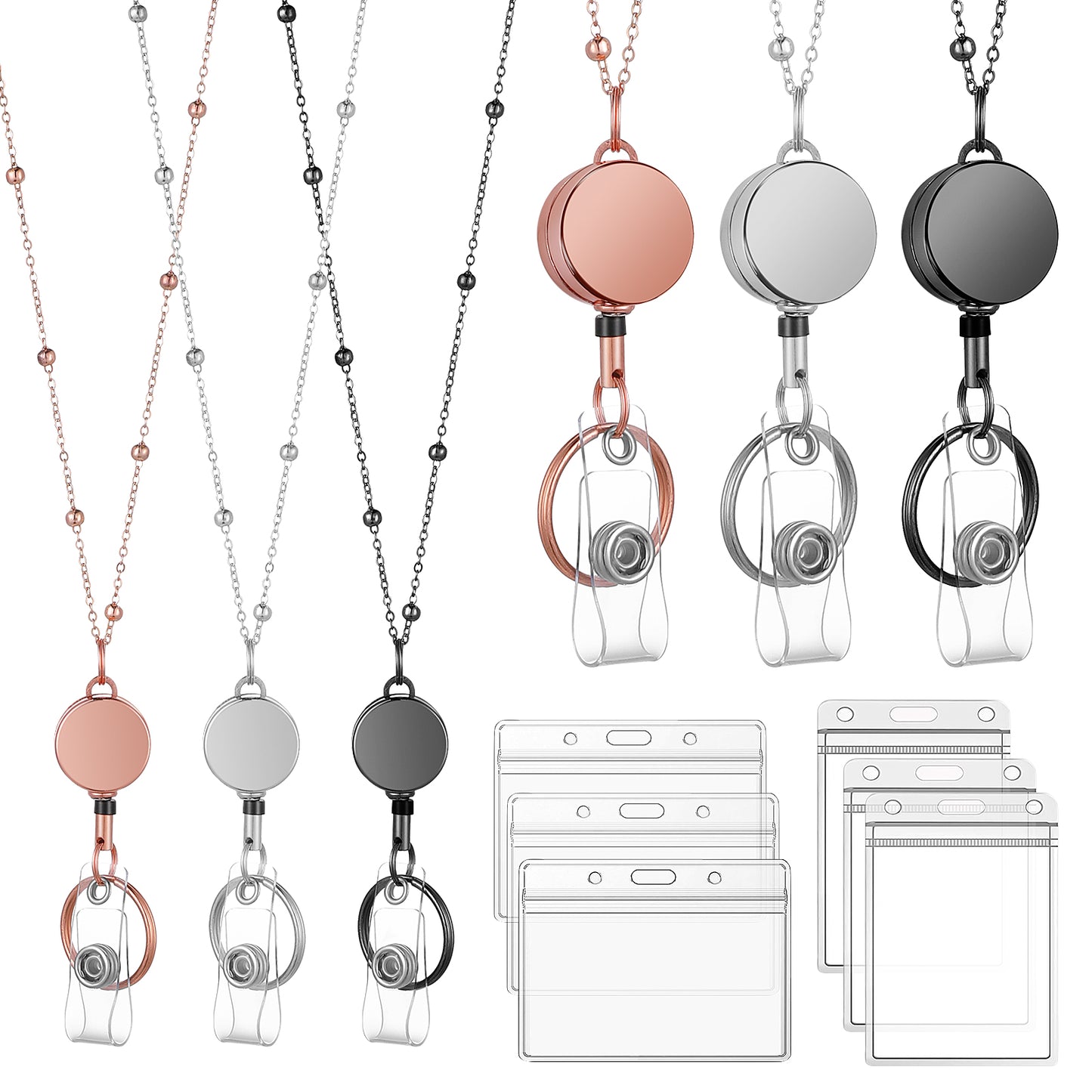 Molain 9Pcs/Set Retractable Badge Reel Lanyard with ID Holder, Stainless Steel Necklace Lanyard with Transparent Card Holder and Keychain, Badge Holders for Women Teachers Nurse Students