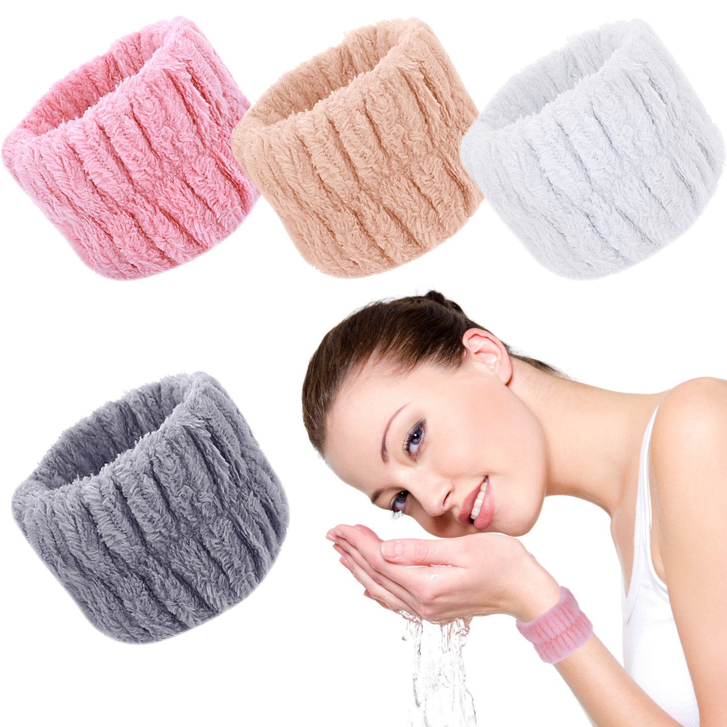 Molain 4 Pcs Spa Face Washing Wristbands, Microfiber Wrist Towels for Washing Face Absorbent Facial Elastic Wristbands Makeup Wash Wrist Towels, Stop Water Run Down Arms(Khaki, Gray, White, Pink)