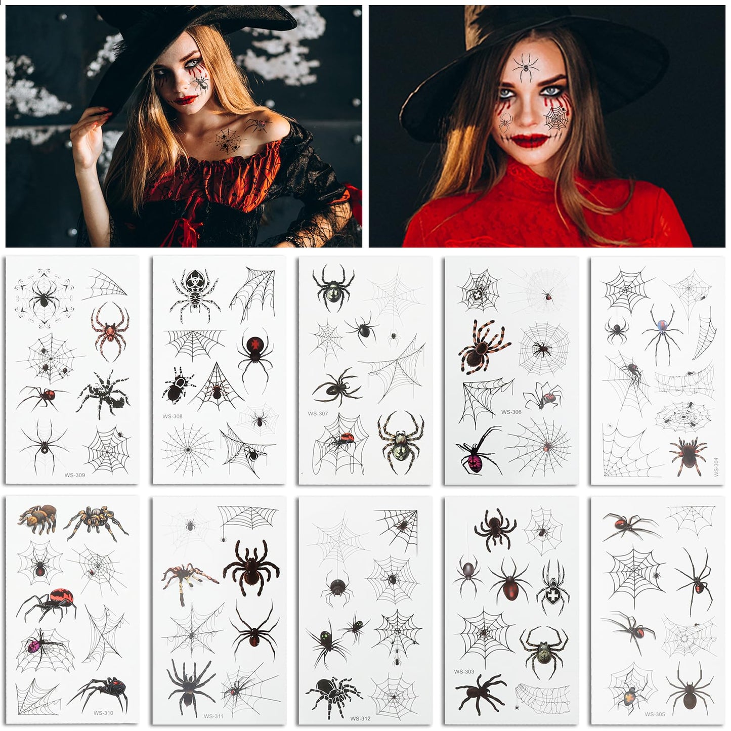 cobee Spider Temporary Tattoos, 20 Sheet Waterproof Body Stickers Face Prank Tattoos Makeup Spider Web Tattoos for Women Men Prank Cosplay(Non-Luminous)