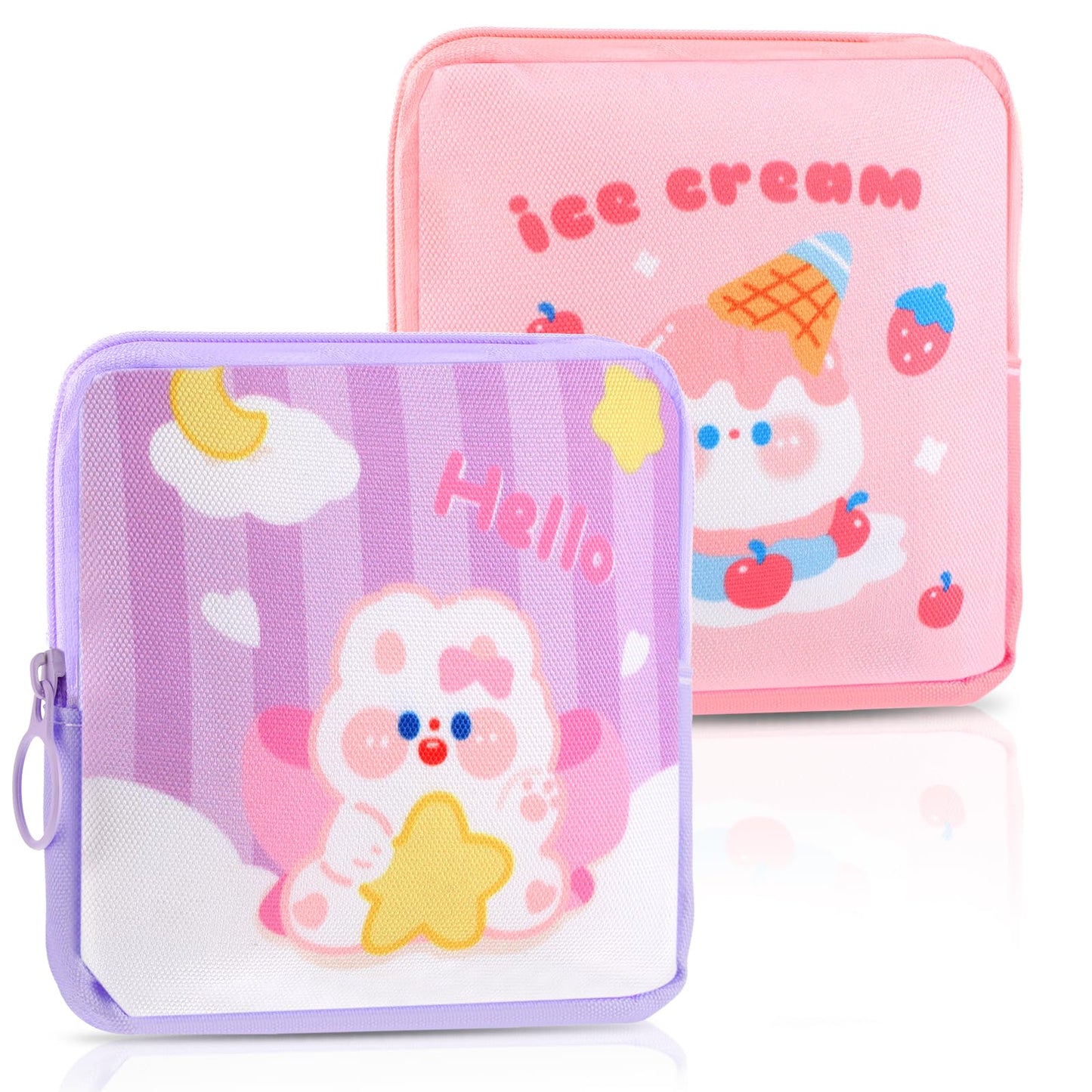 simarro 2Pcs Sanitary Napkin Storage Bag, Cute Period Holder Bag Portable Sanitary Pad Storage Bag Pad Holder Period Pouch with Zipper Menstruation First Period Bag for Girls Women (Pink+Purple)