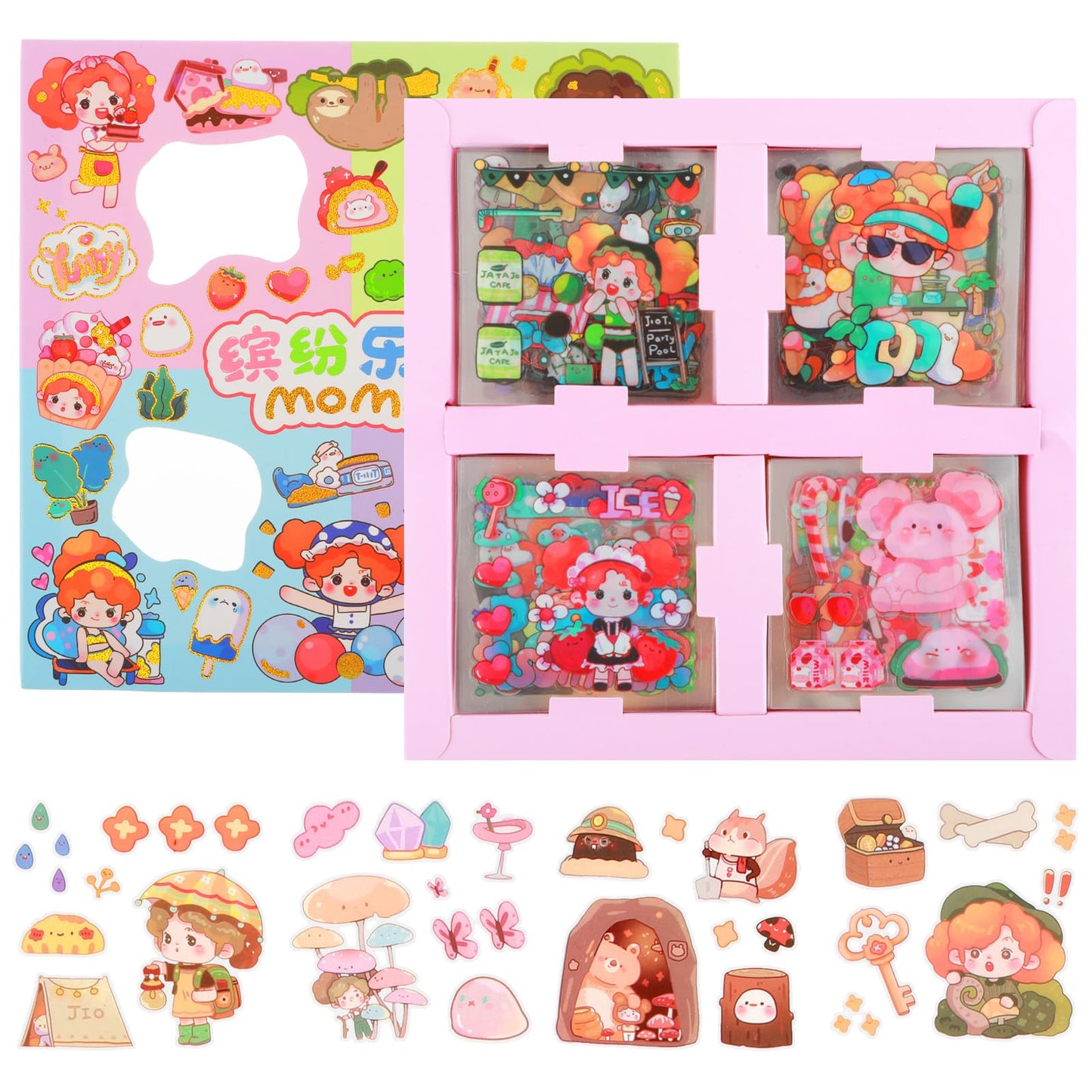 Amaxiu 100 Sheets Kawaii Stickers Set, Cute Cartoon Girls Aesthetic Sticker PET Transparent Decorative Decals Waterproof Self Adhesive Vinyl Stickers for Scrapbooking Planner Journals Notepads
