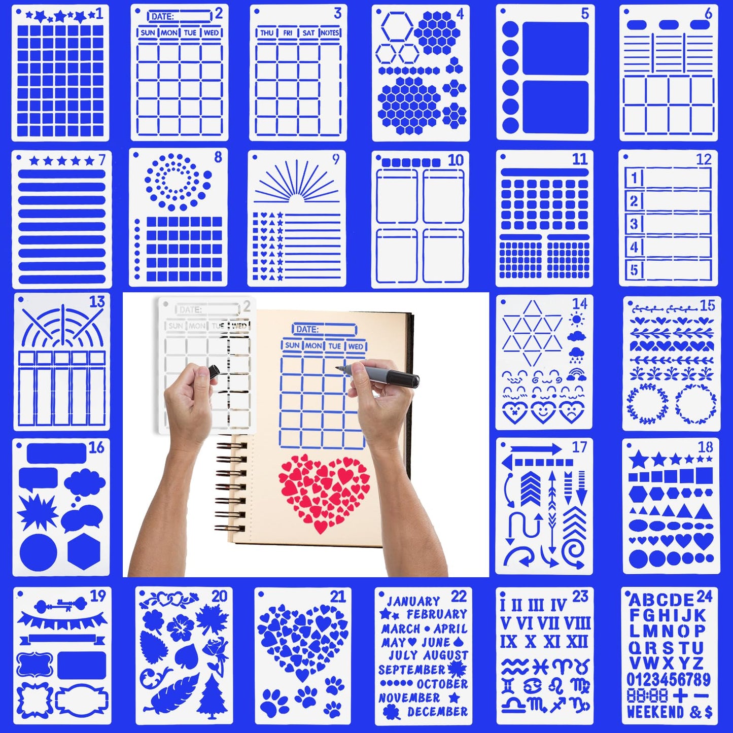 TIESOME 24 PCS Journal Stencils Templates Set with Stainless Steel Chain, 7 x 5inch Journal Stencils Templates Set Supplies Stencil Journal Stencils for Dotted Journals Notebook Scrapbook Calendar(A)