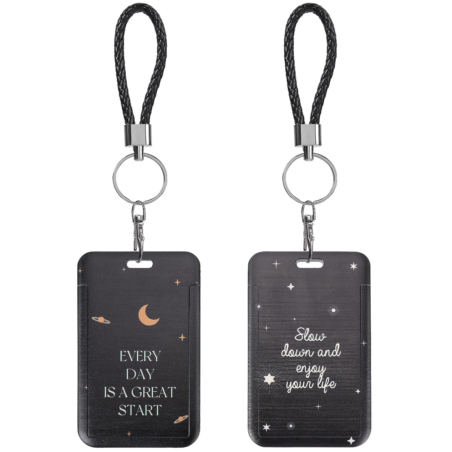 cobee ID Badge Holder with Finger Lanyard, 2 Pack Starry Sky Plastic Card Holder with Small Wrist Strap Vertical ID Card Protector Card Case Protector Pouch for Office School(Starry Sky)