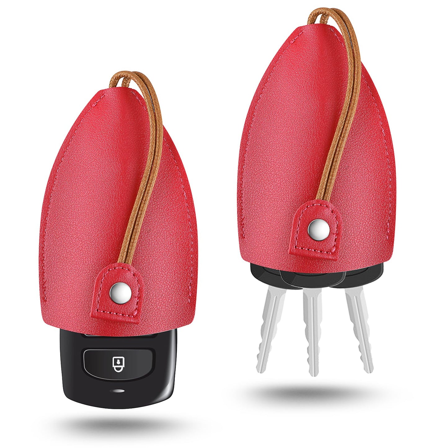 Amabro 2PCS Car Key Case, Pull-Out Key Case Cover Leather Key Sleeve Large Capacity Key Fob Keychain Bags Protective Key Holder Pouch for Car Keys(Red)