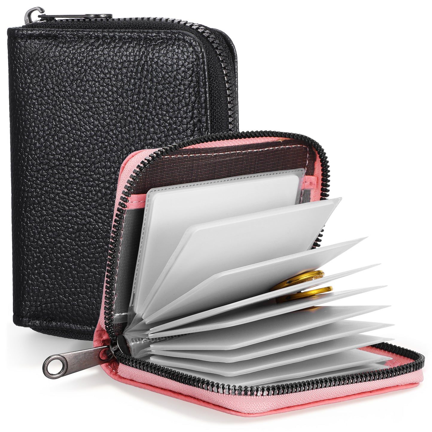 XLIUAX 2 Pack Zipper Credit Card Holders, PU Leather Debit Card Wallet Soft ID Bank Business Slim Debit Holders Case with Plastic Sleeves for Women Men, 2 Colors