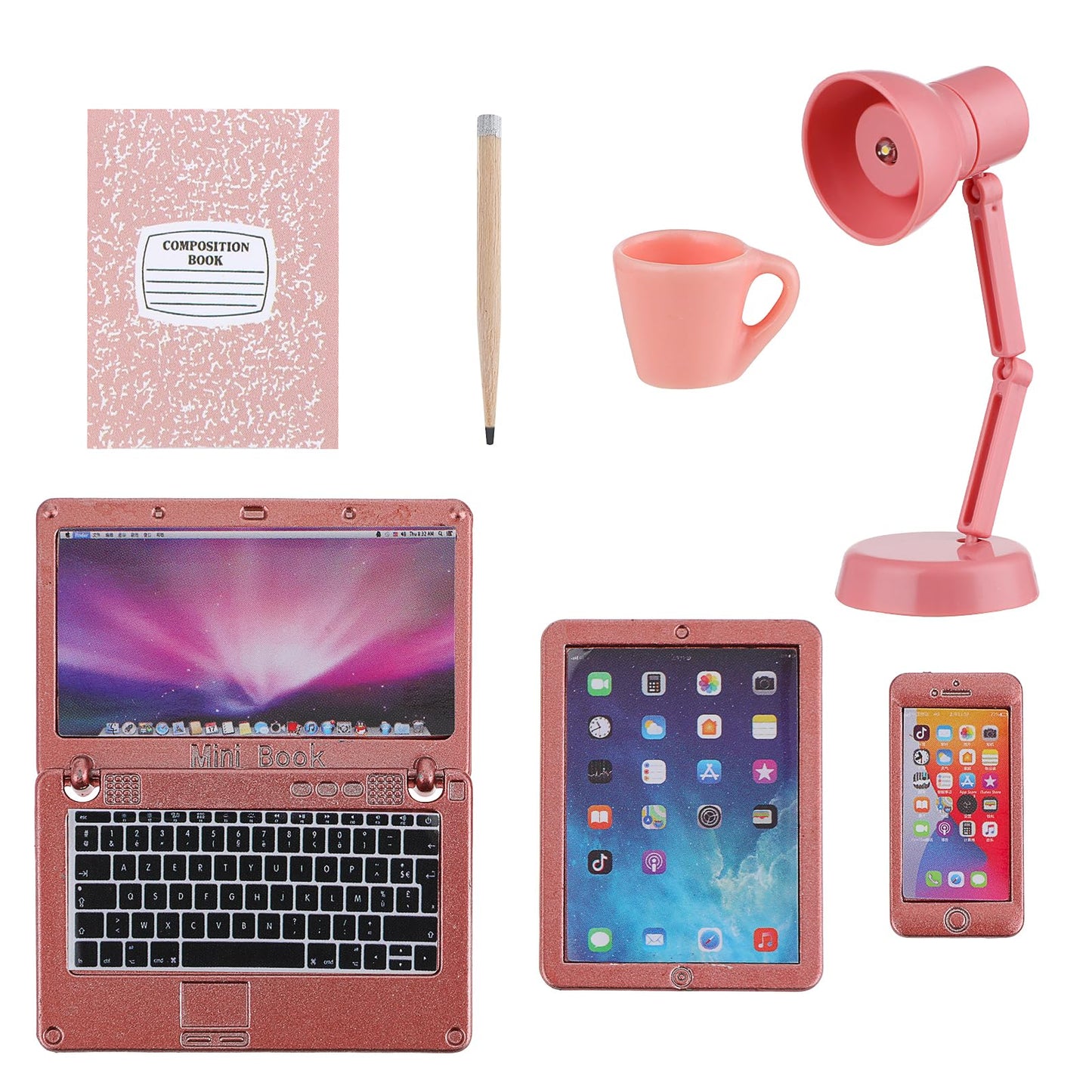 TIESOME 1:12 Dollhouse Mini Laptop Tablet Set, 7 Pcs Simulation Computer Phone Desk Lamp Miniatures Doll House Accessories Small Furniture Model for Dollhouse Decoration (Rose Gold)