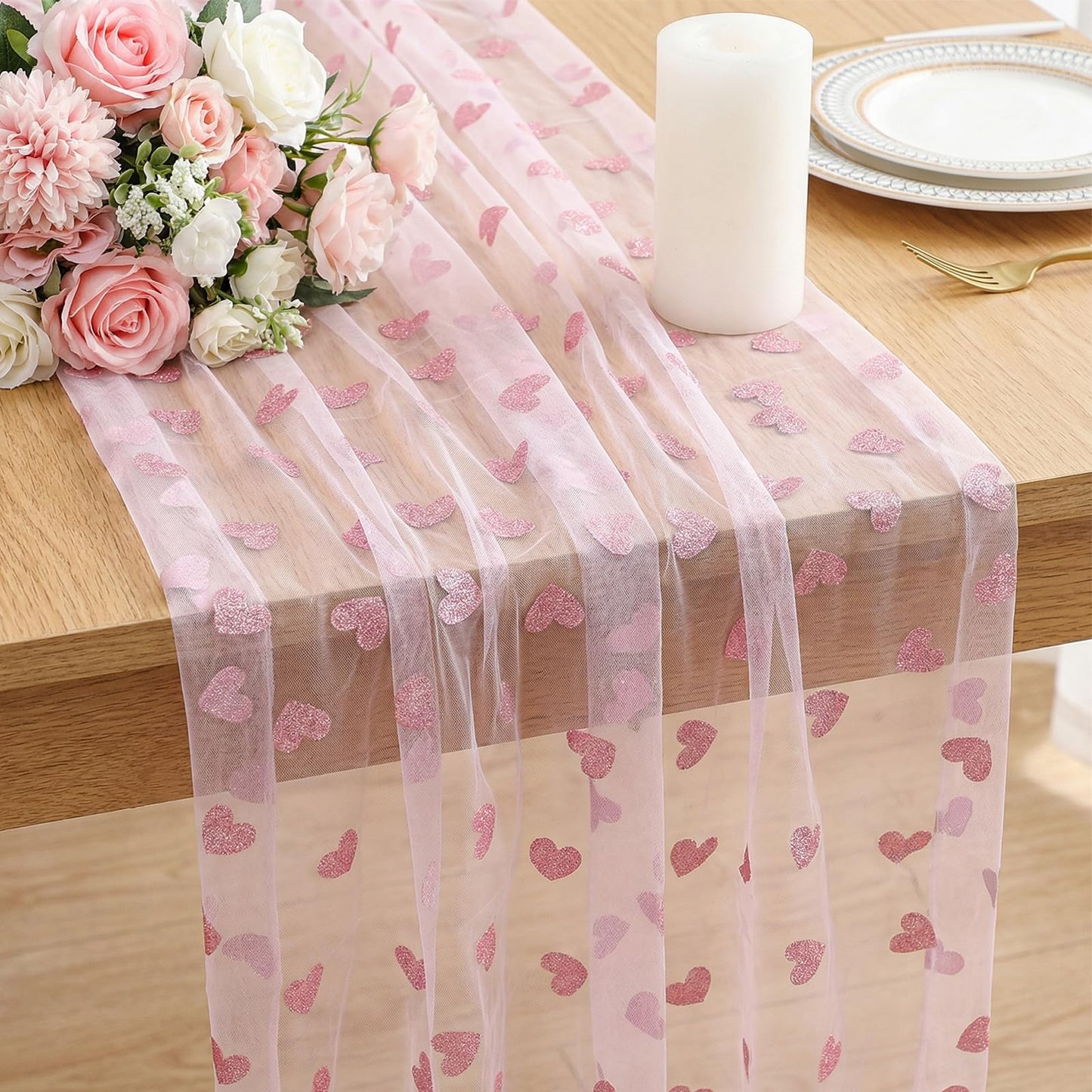 Amabro Tulle Mesh Table Runner with Hearts and Polka Dots, 70 x 300 cm + 40 x 140 cm, Washable Table Decoration for Kitchen, Living Room, Valentine's Day, Wedding, Birthday, Party (Pink)
