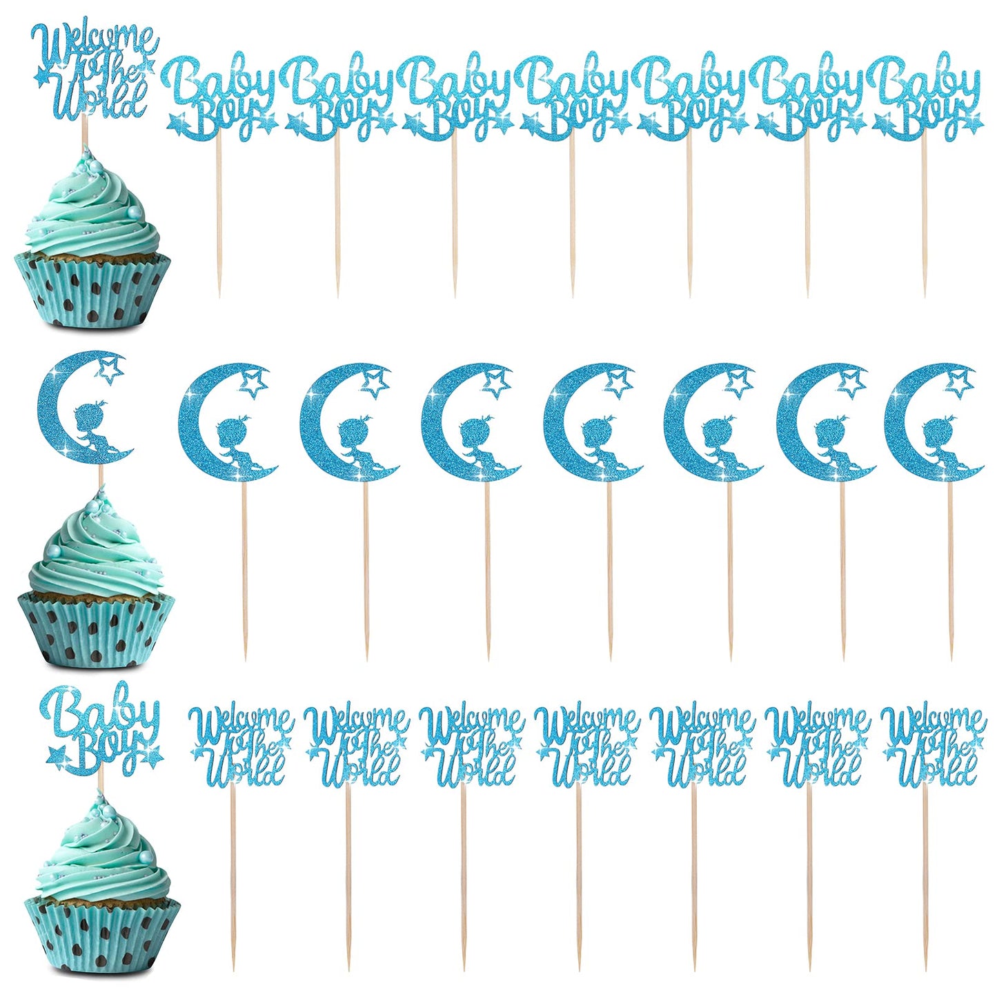 TIESOME Glitter Baby Shower Cupcake Toppers, 24 Pieces Birthday Cupcake Picks for Baby Gender Reveal Baby Party Cupcake Decorations Supplies with Moon Star (Boy)